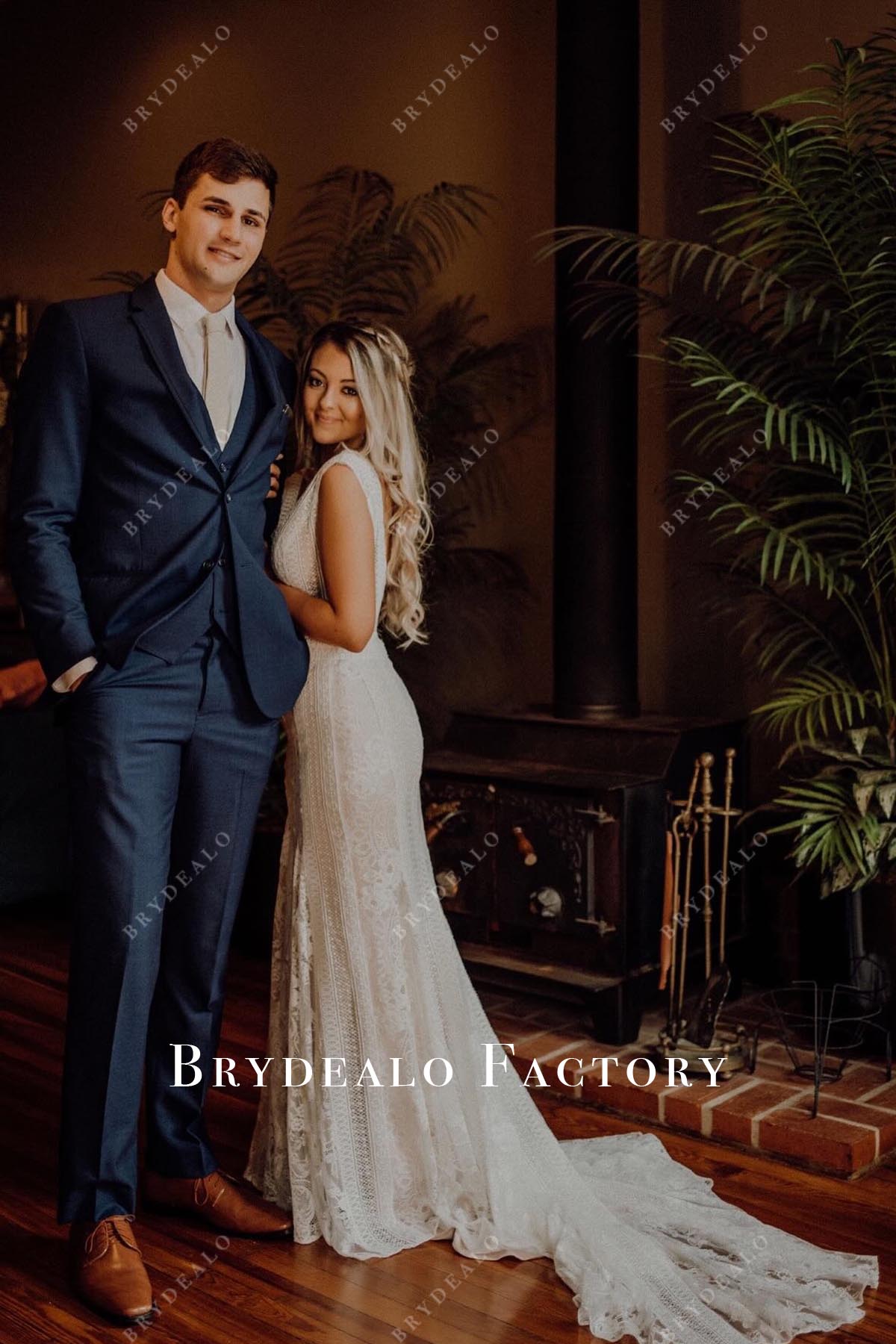 lace mermaid long train wedding dress