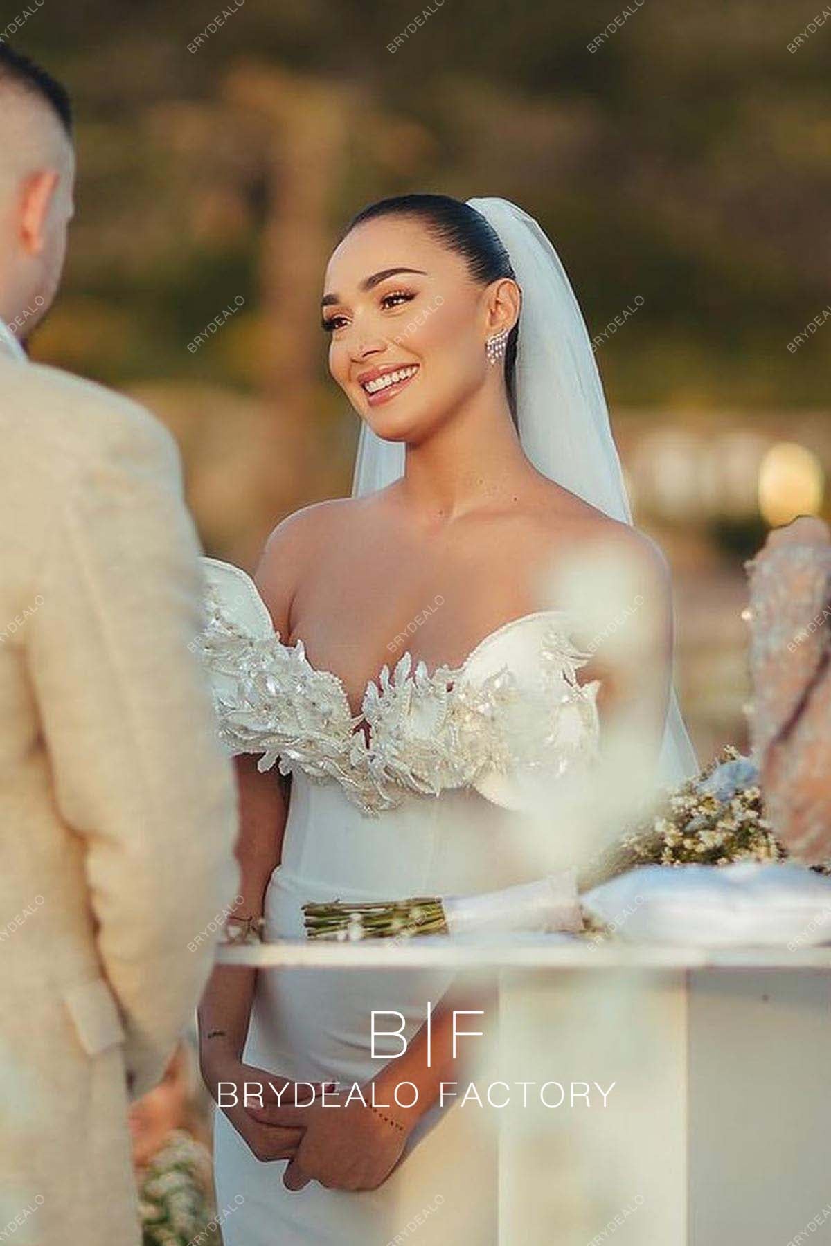 Designed Neck Strapless Satin Destination Bridal Dress