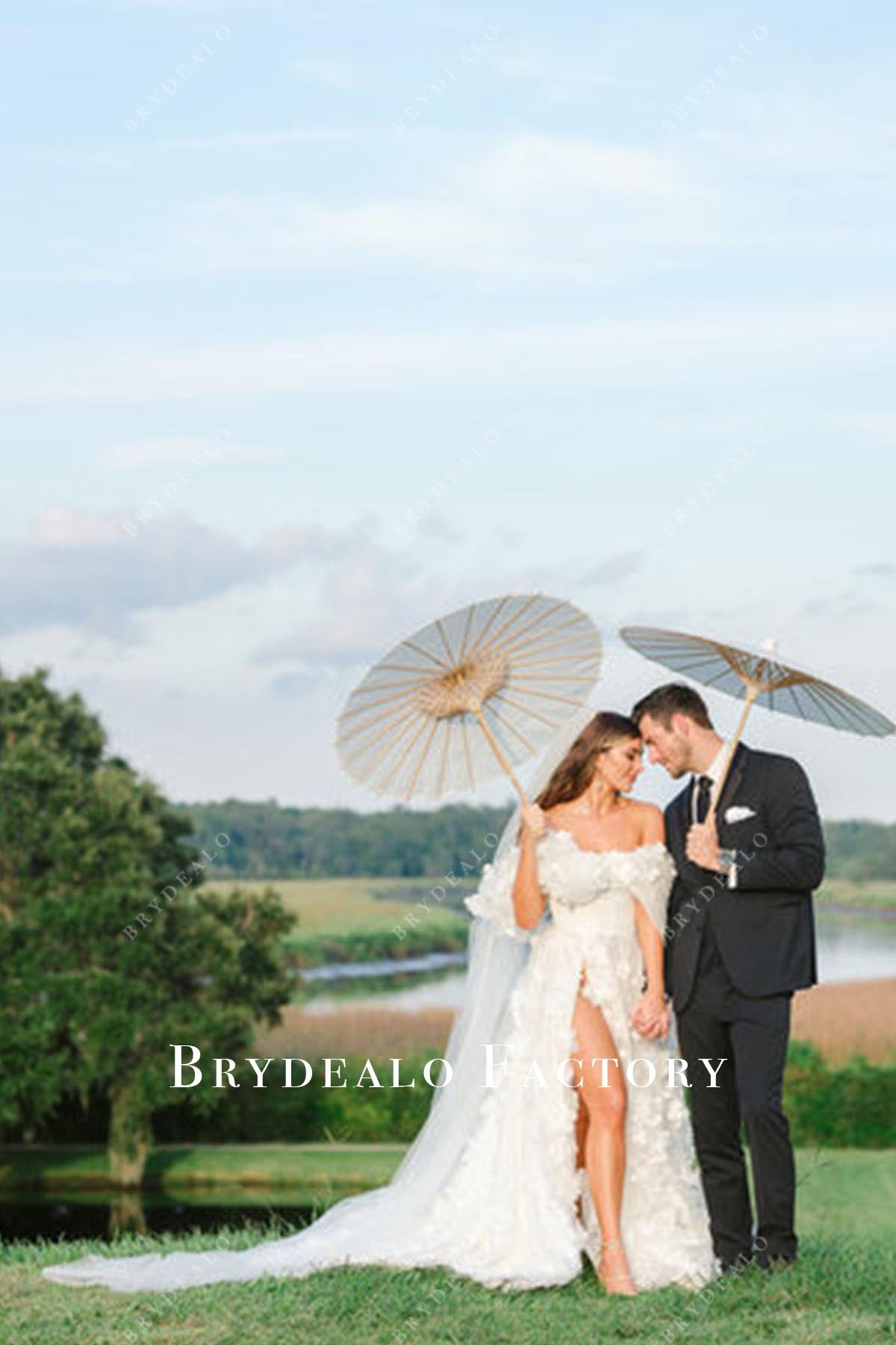 lace off shoulder slit wedding dress