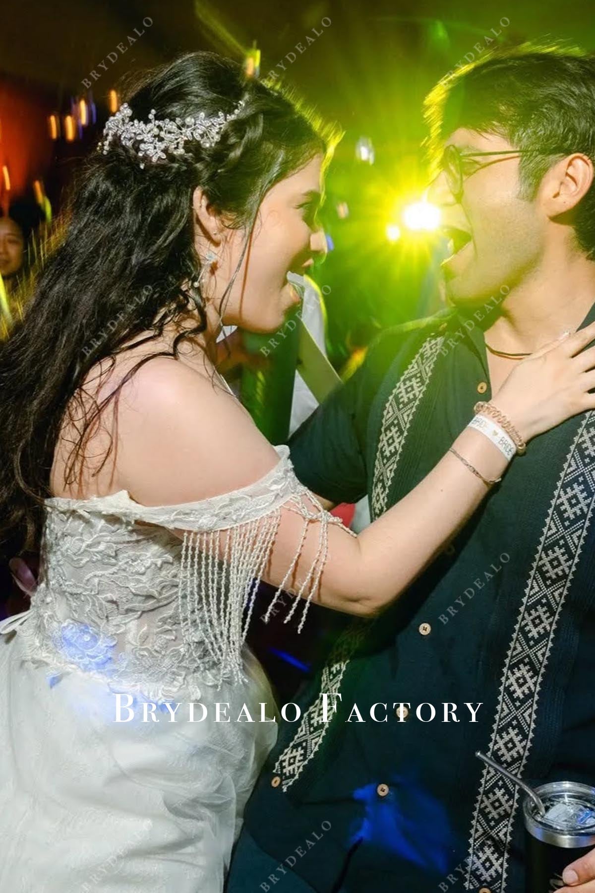 lace off shoulder tassels wedding dress