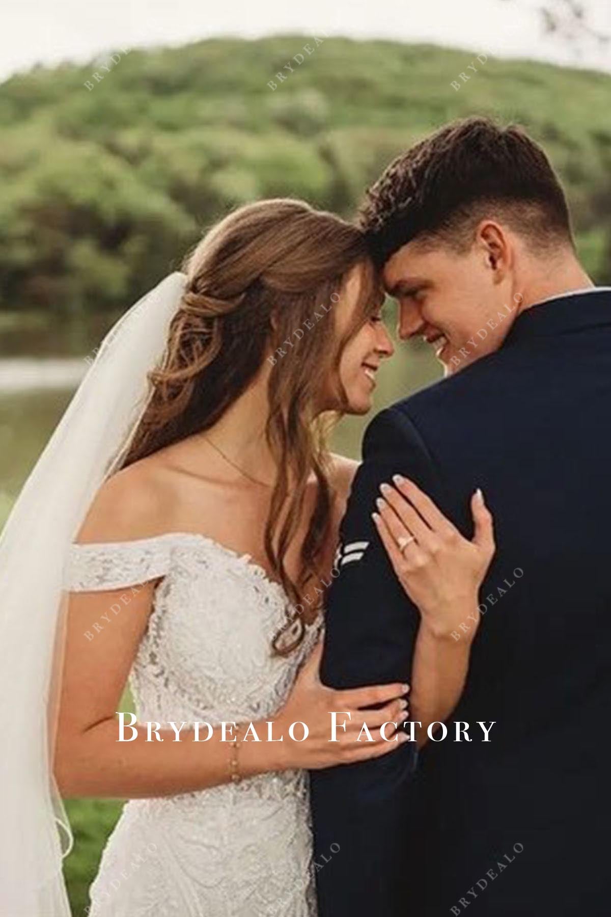 lace off shoulder v neck wedding dress