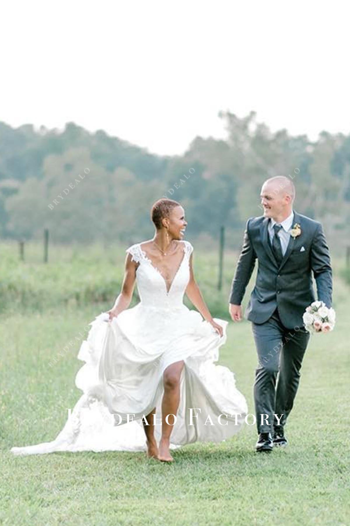 lace plunging neck wedding dress