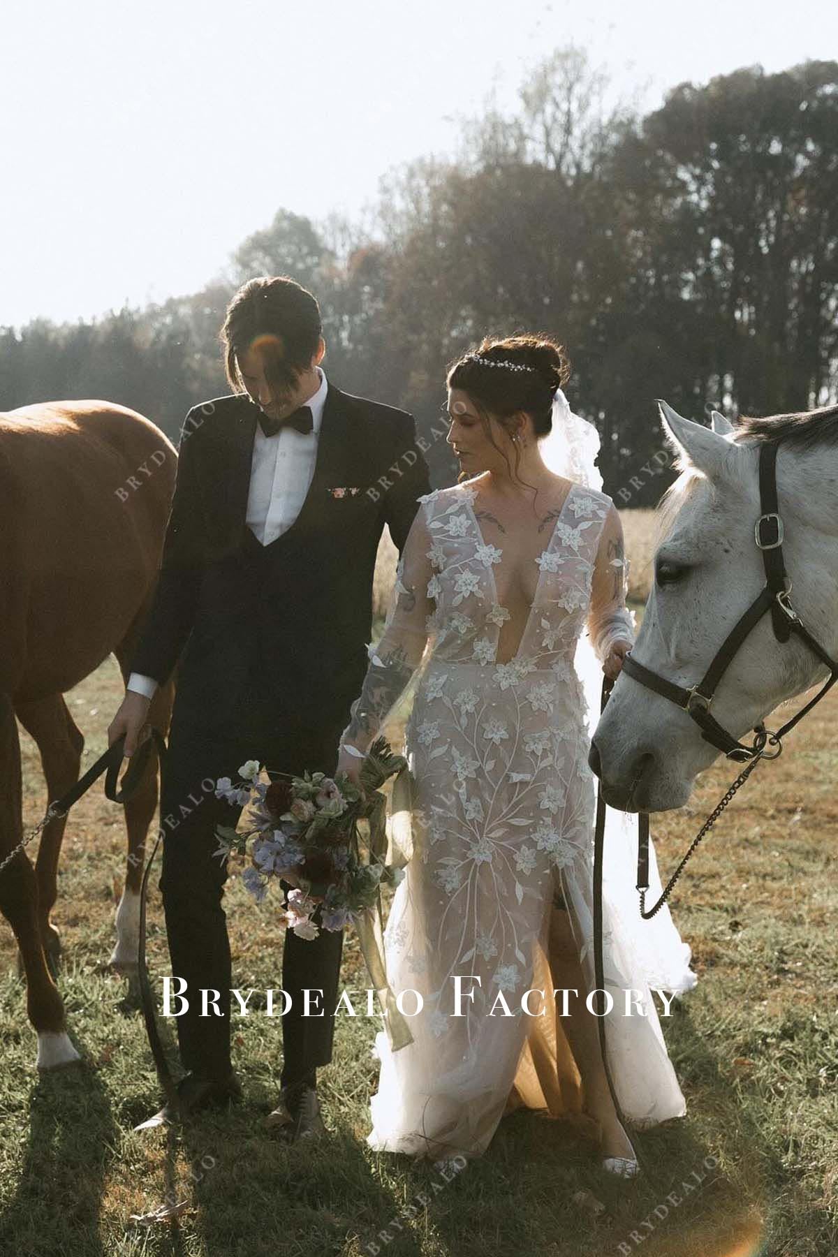 lace plunging neck wedding dress