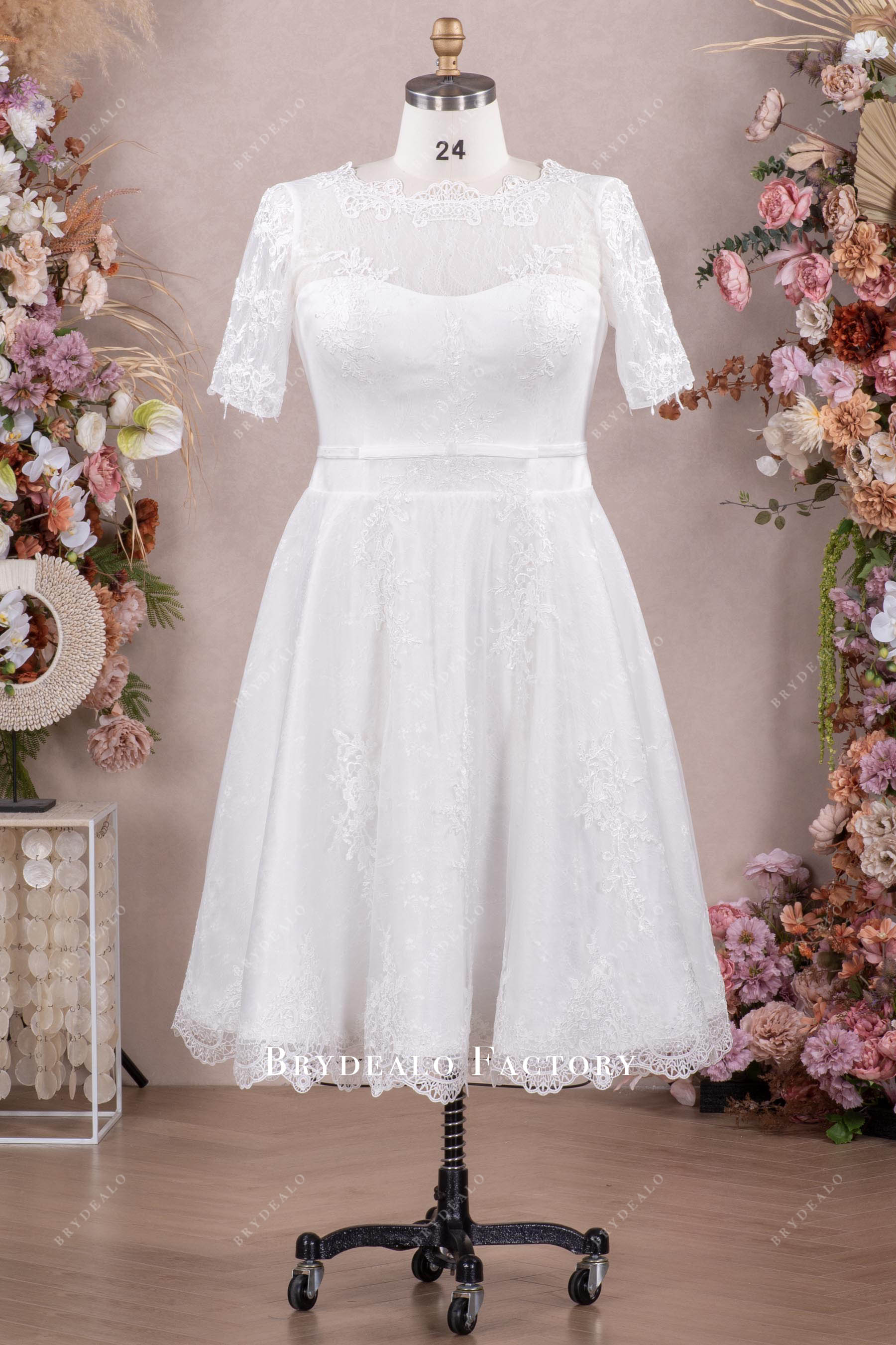 Plus Size Lace Short Sleeve Boat Neck A-Line Wedding Dress