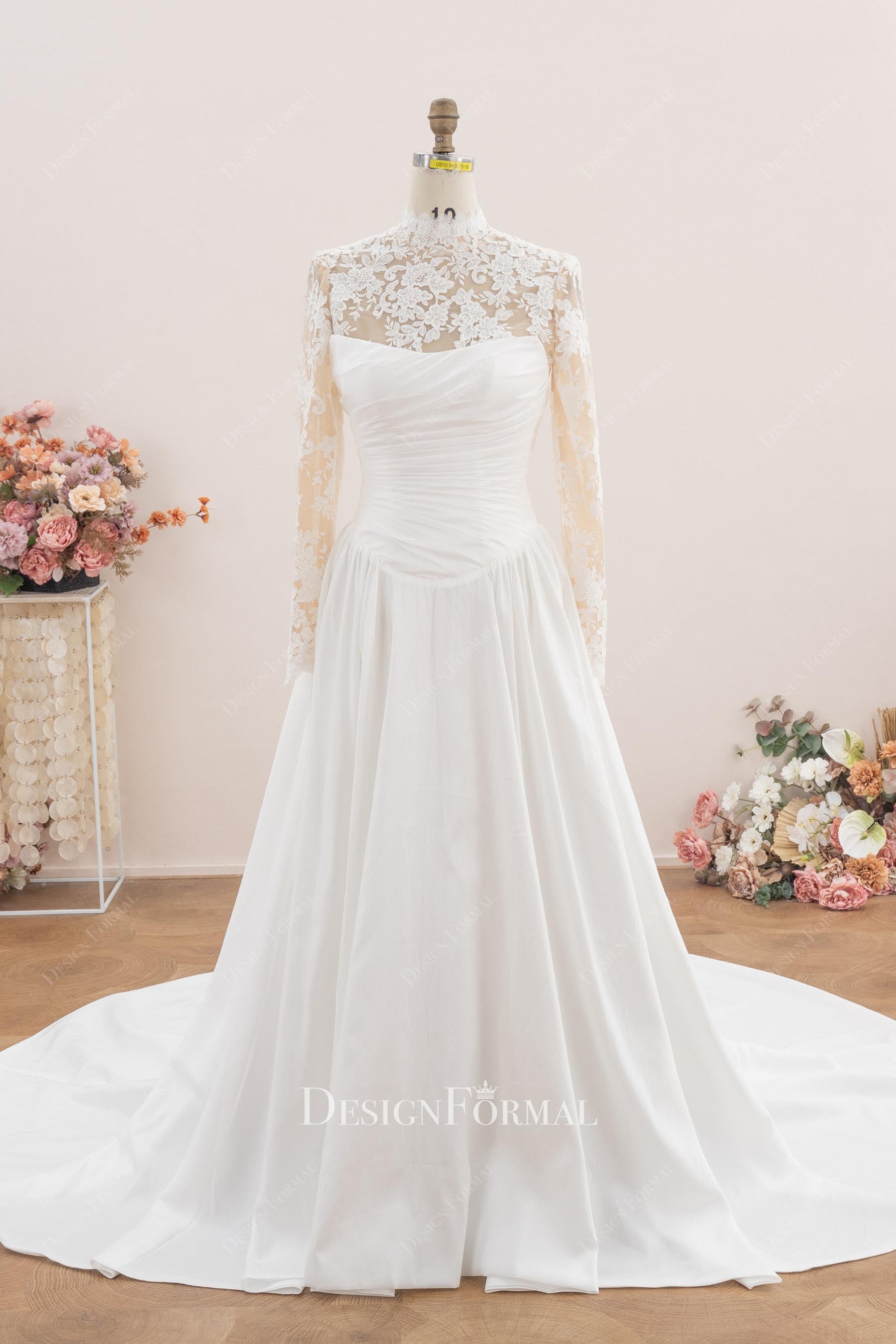 lace sleeved a line wedding dress