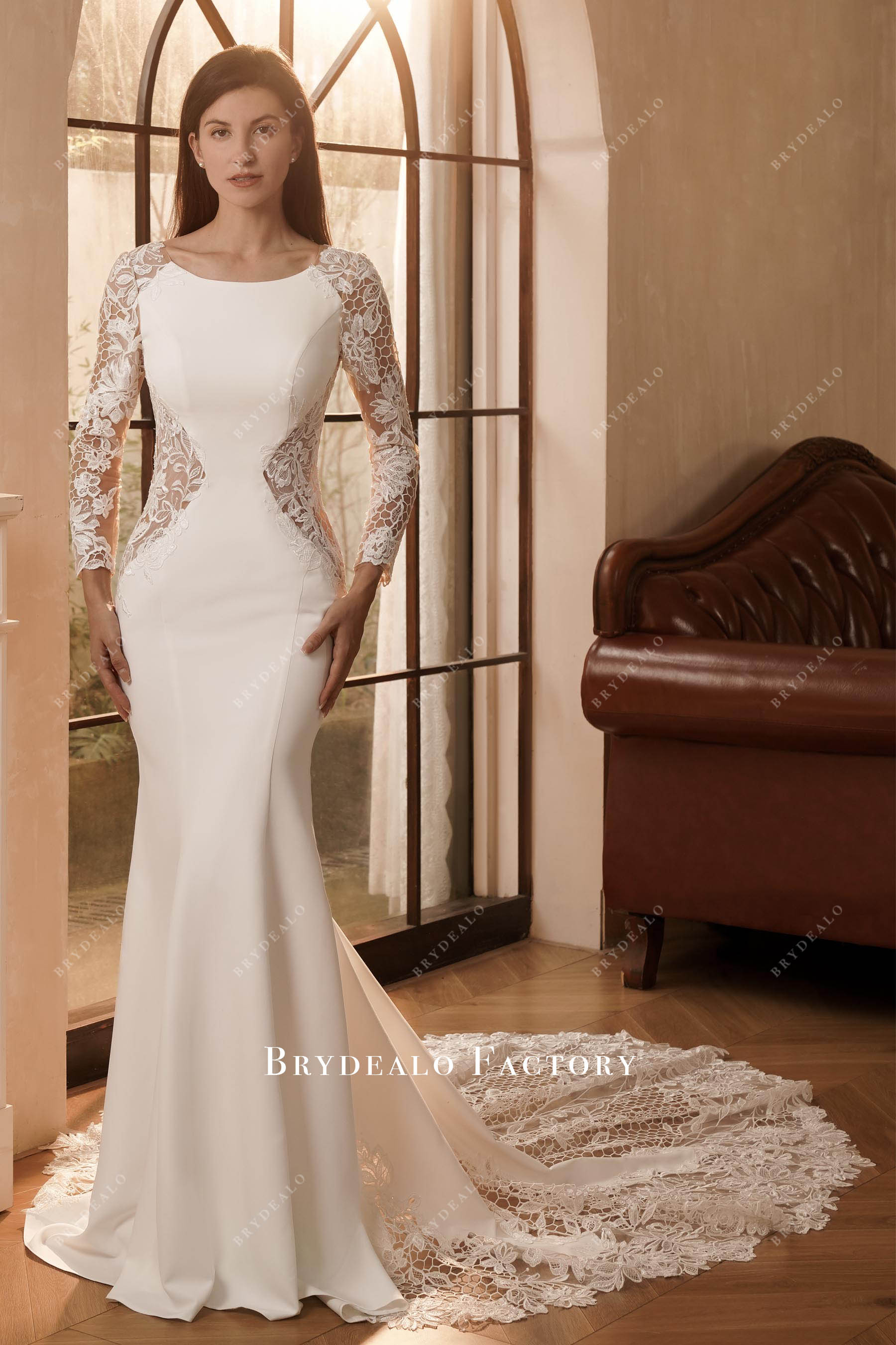 lace sleeved crepe wedding dress