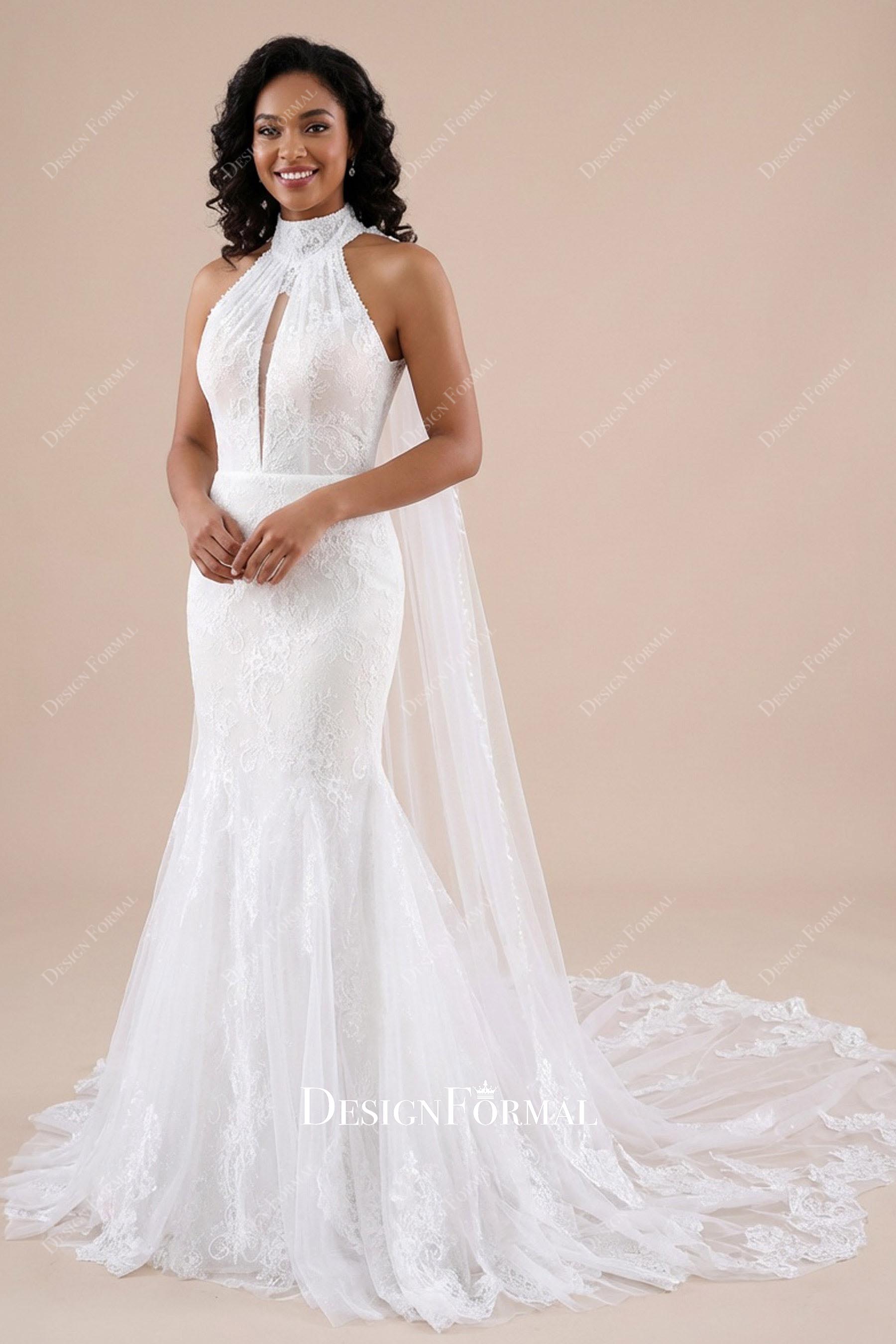 Chantilly Lace Keyhole Mermaid Detachable Cape Wedding Dress, White / Dress + Cape / Fully Lined Chantilly Lace Keyhole Mermaid Detachable Cape Wedding Dress, White / Dress + Cape / Fully Lined