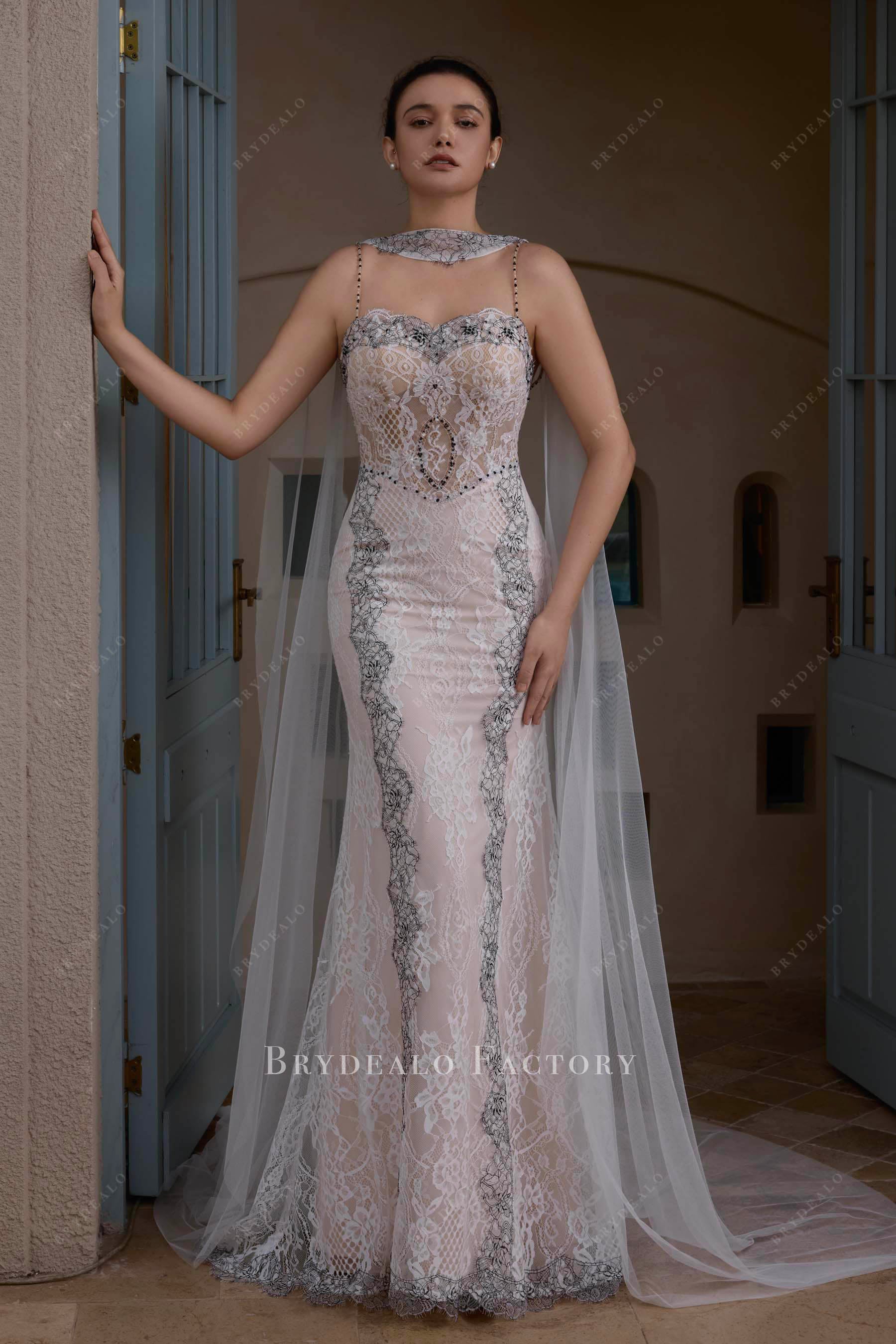 Boho Lace Sweetheart Neck Fit and Flare Shawl Wedding Dress