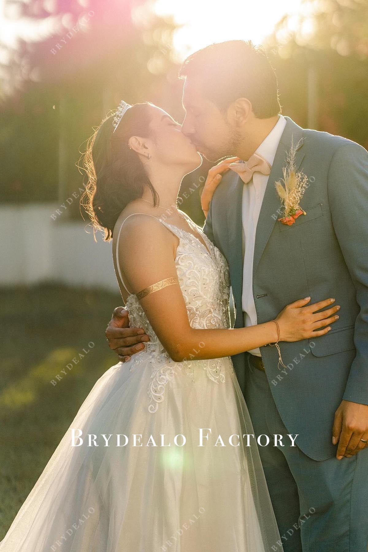 lace spaghetti straps wedding dress