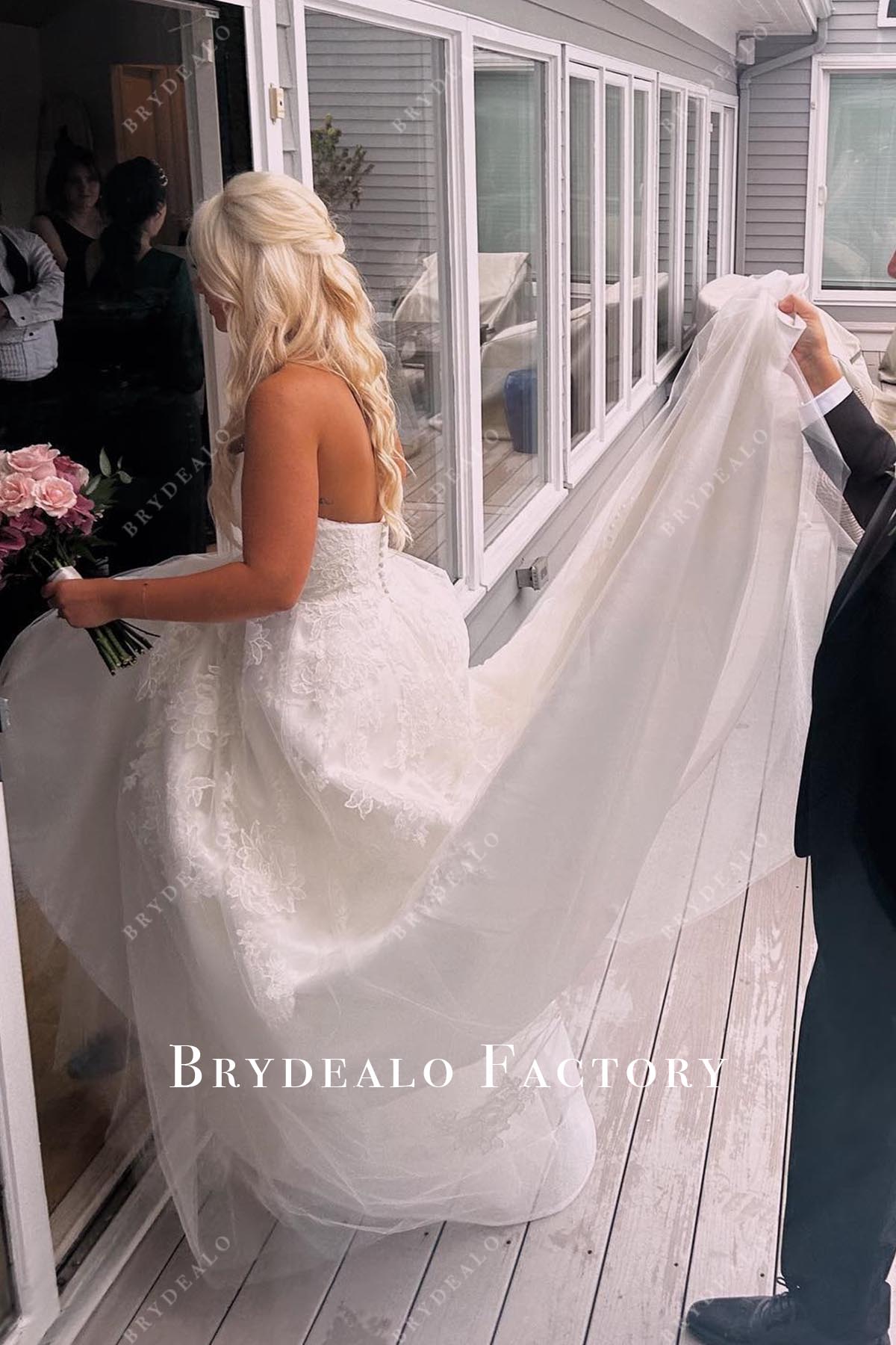 lace strapless open back wedding dress