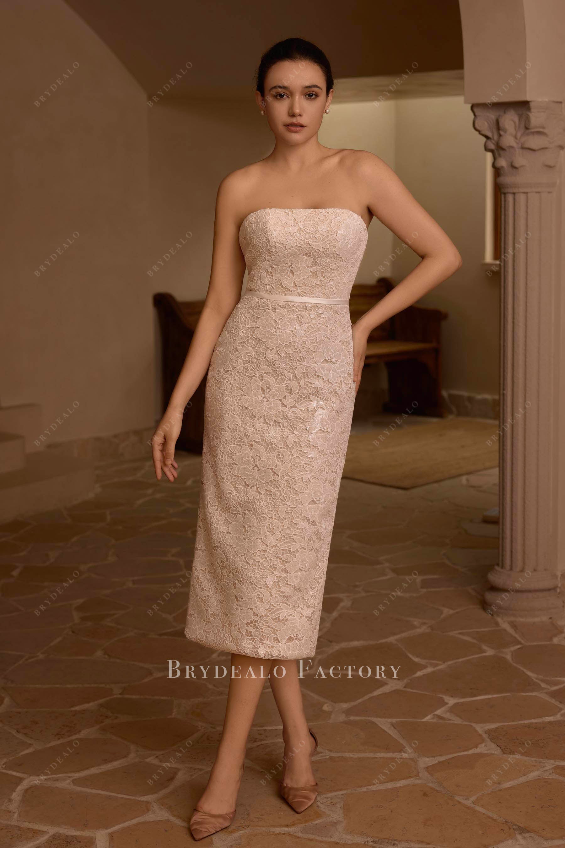 Light Champagne Lace Column Casual City Bridal Dress, Light Champagne