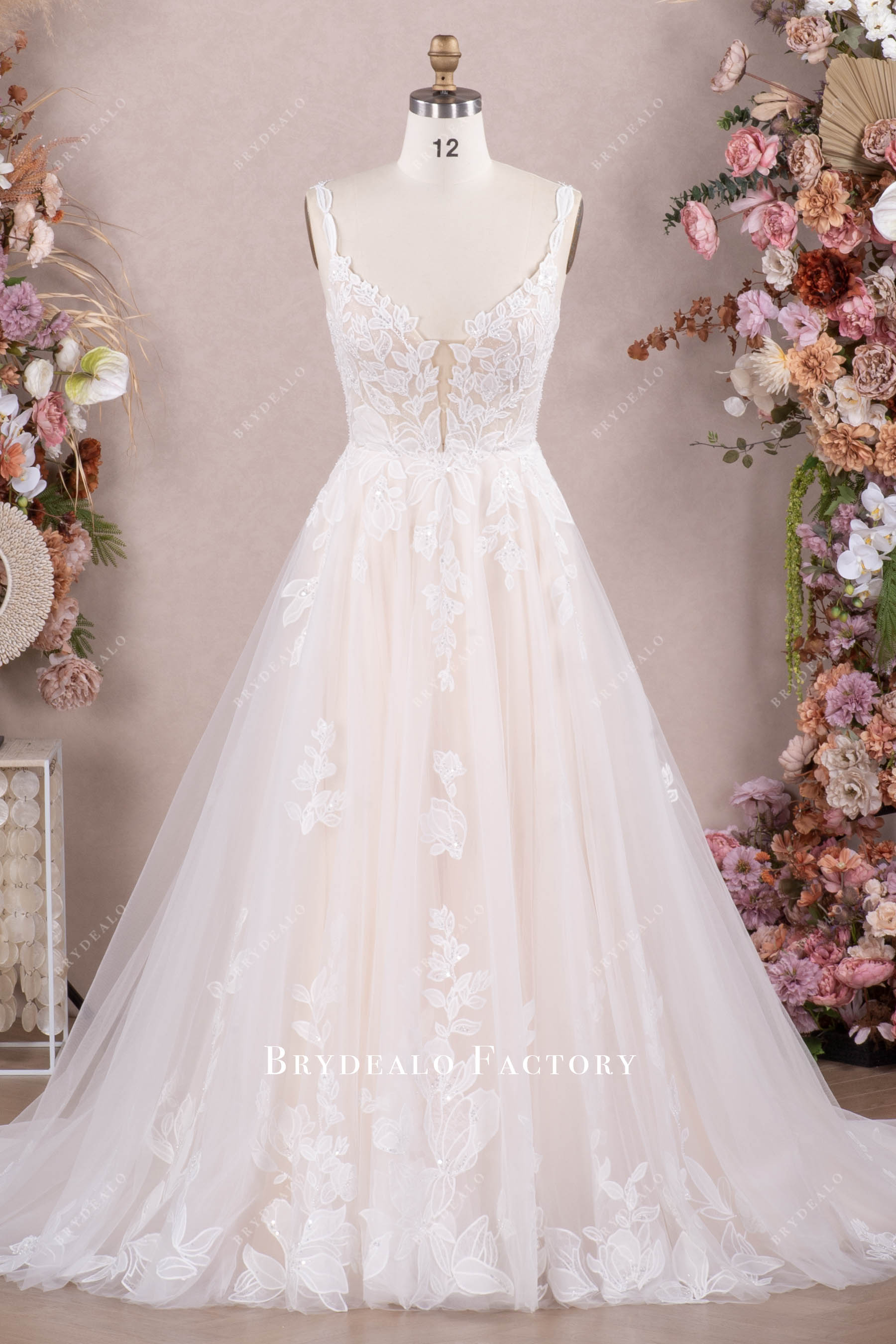 lace straps champagne wedding dress