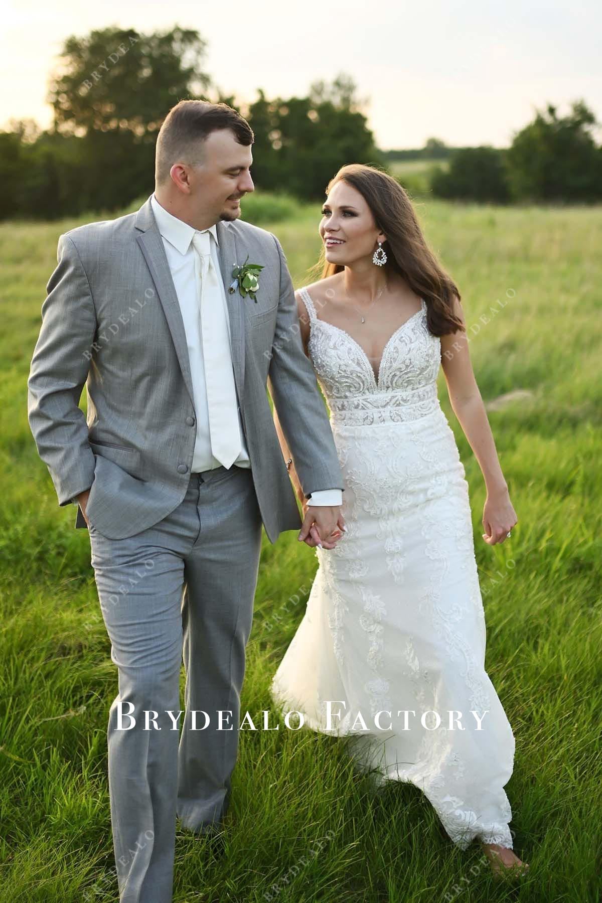 lace thin straps wedding dress