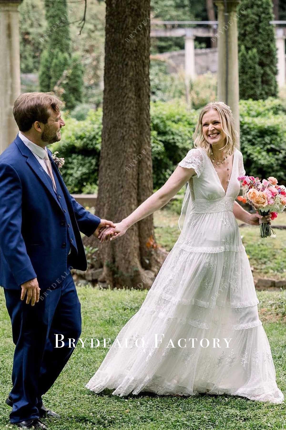 lace tiered a line wedding dress