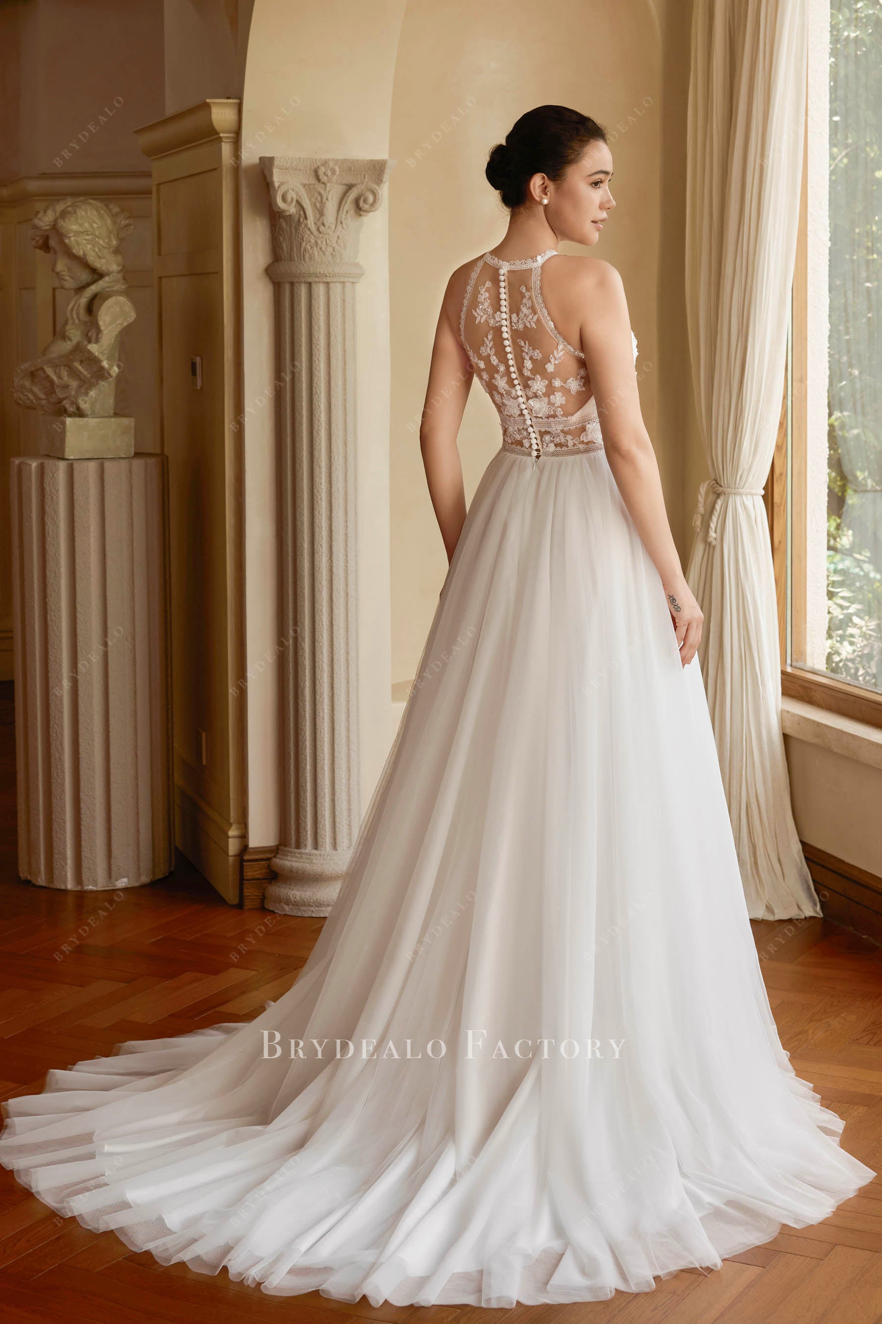 lace tulle chapel train wedding dress