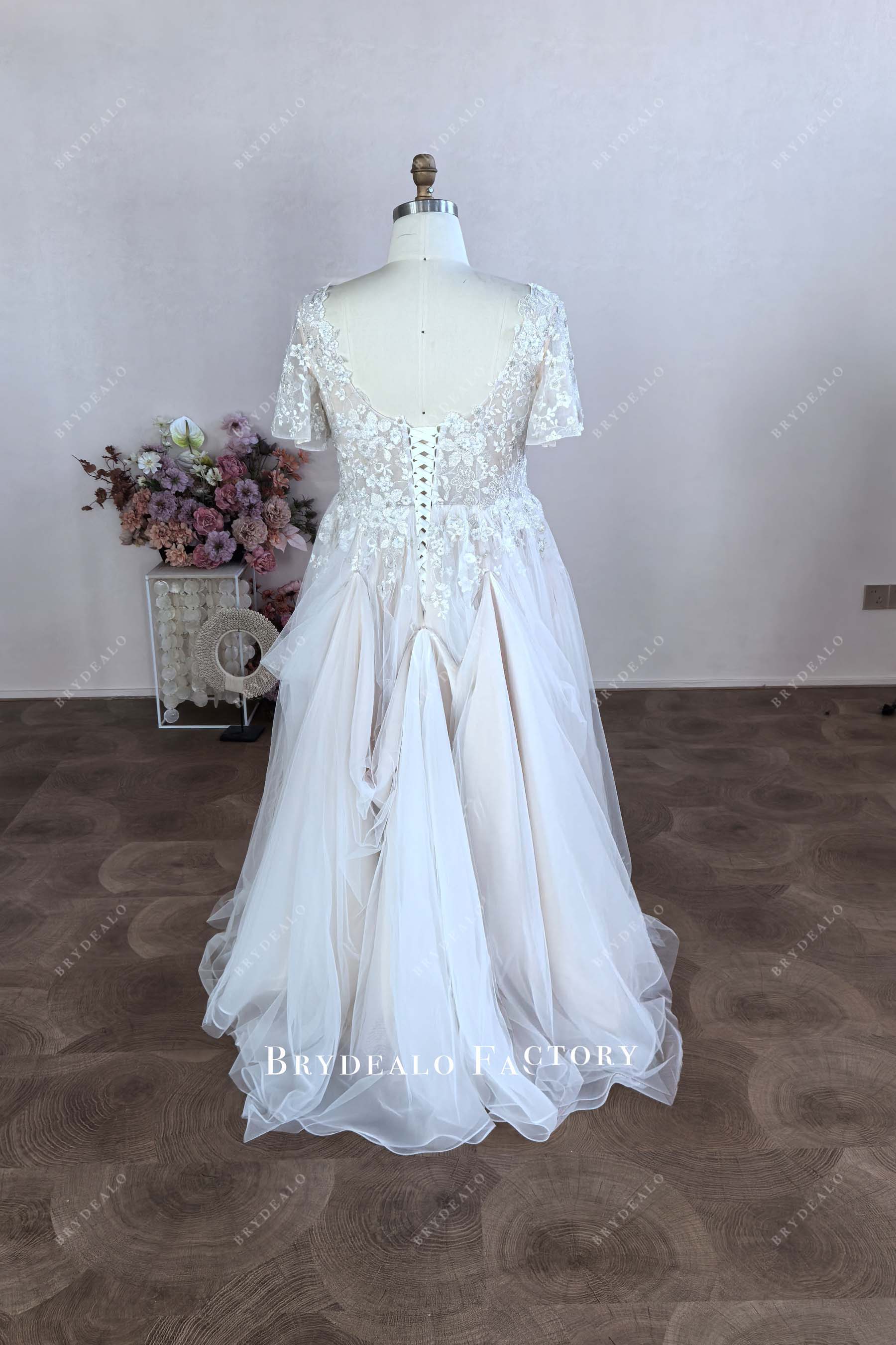 lace up back bustle up designer wedding dress