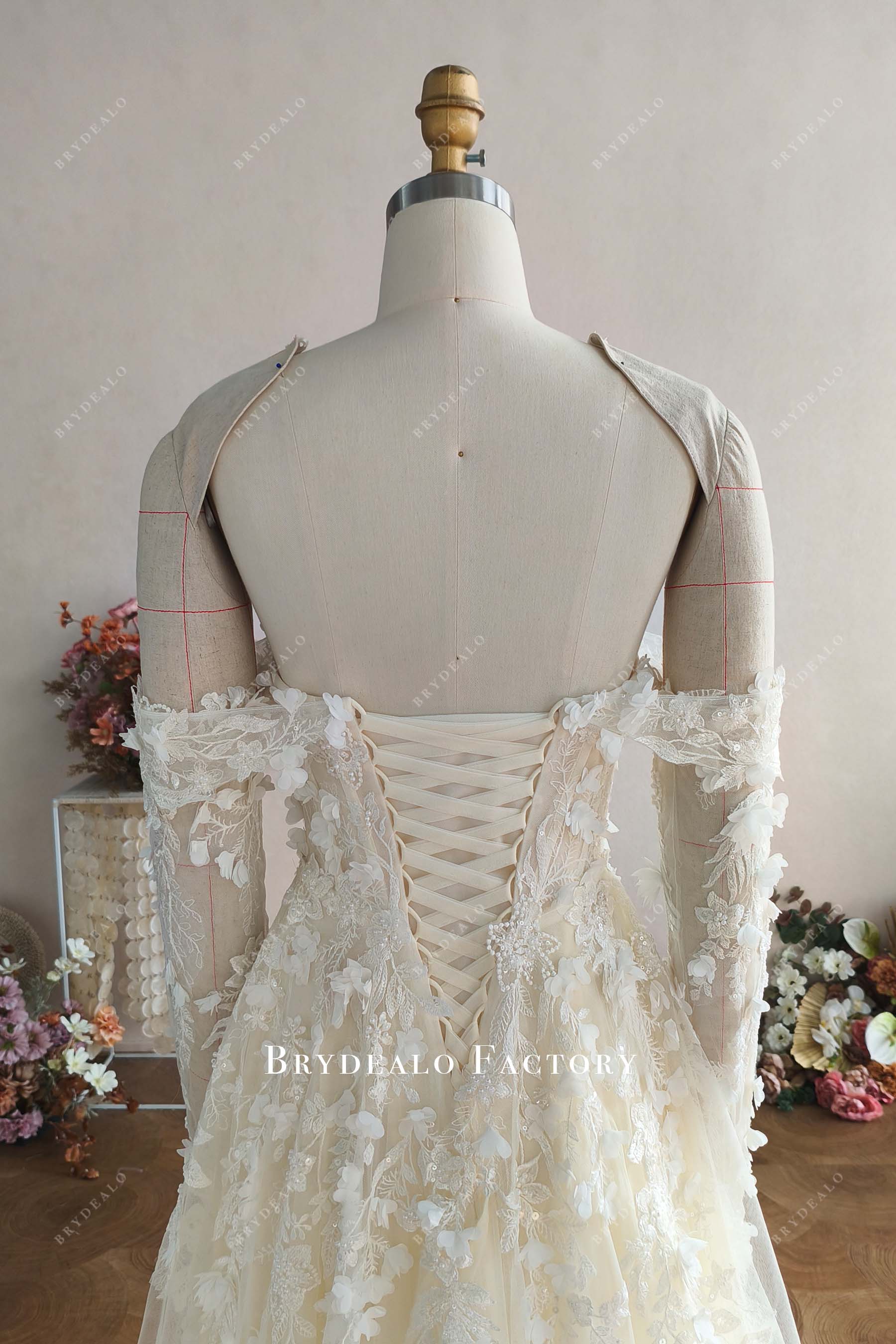 Custom Off Shoulder Wild Lace A-line Wedding Dress