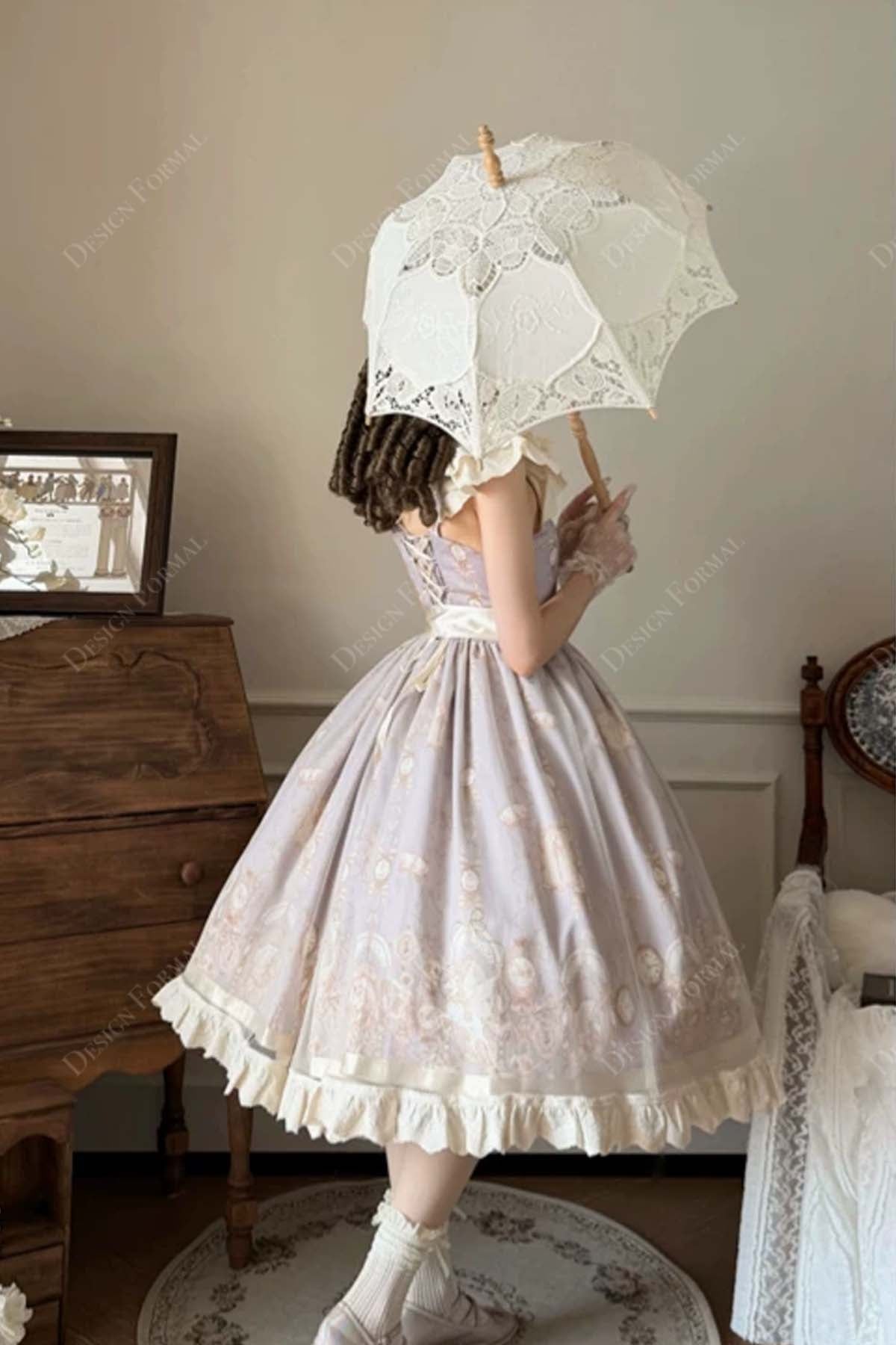 lace up back closure short purple lolita dress