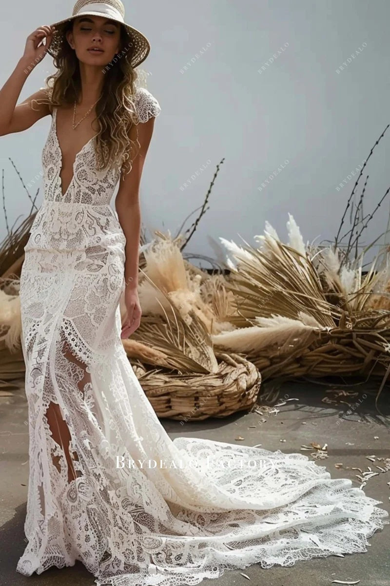 Delicate Lace Plunging Mermaid Boho Wedding Dress