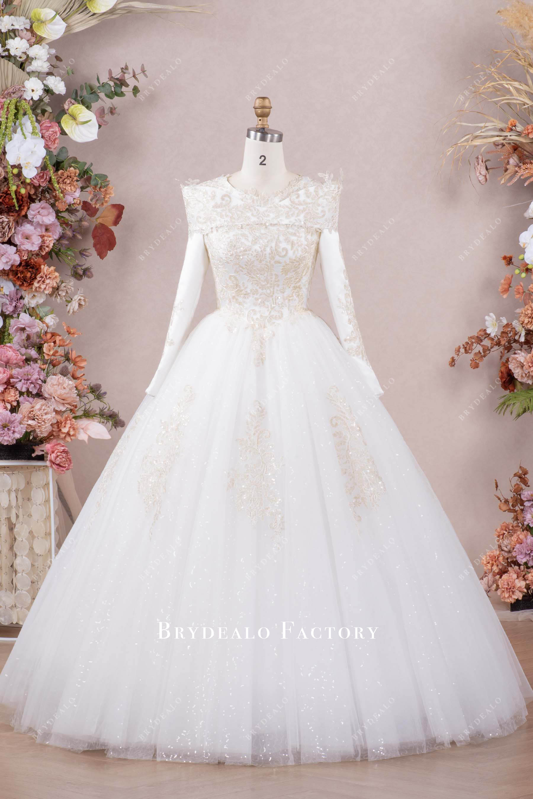 lace wrap glitter wedding gown