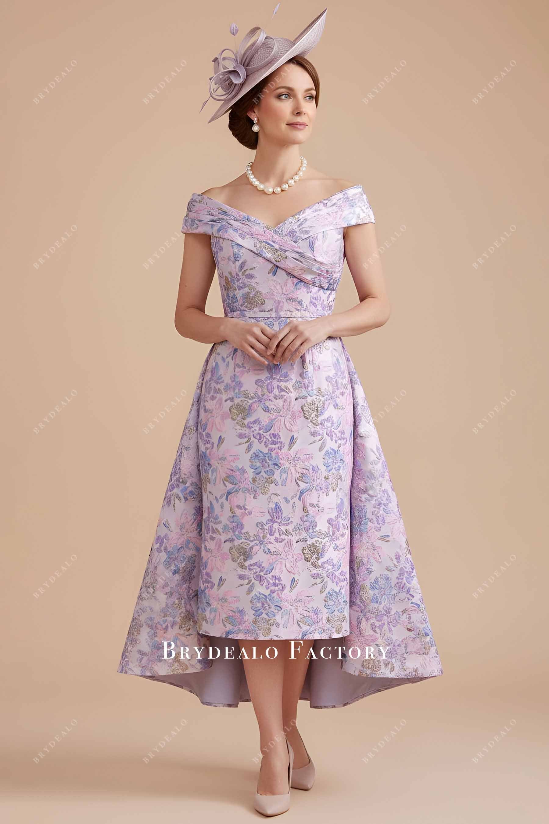 lavender jacquard off shoulder mother of bride dress