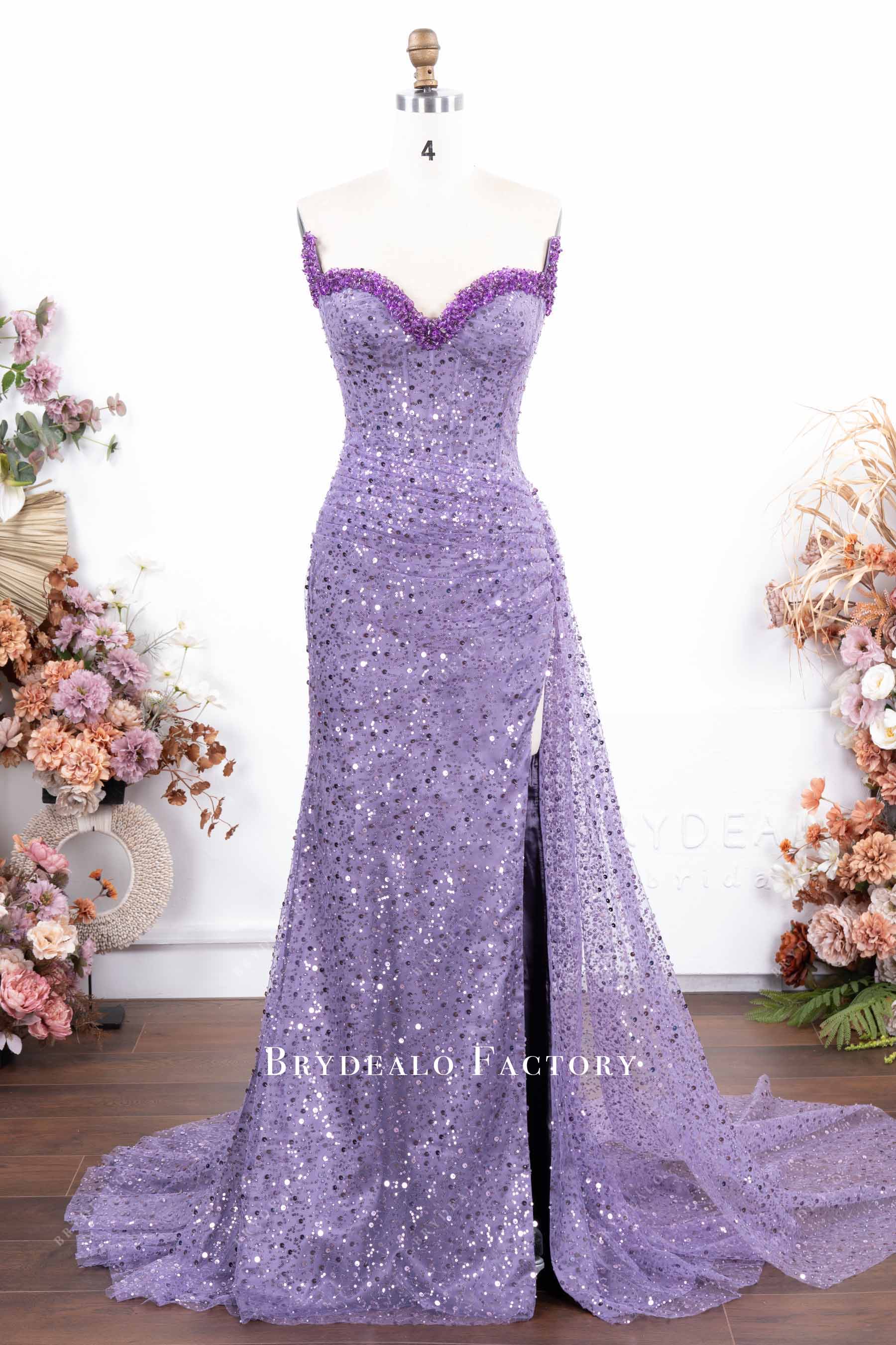 lavender strapless slit prom gown