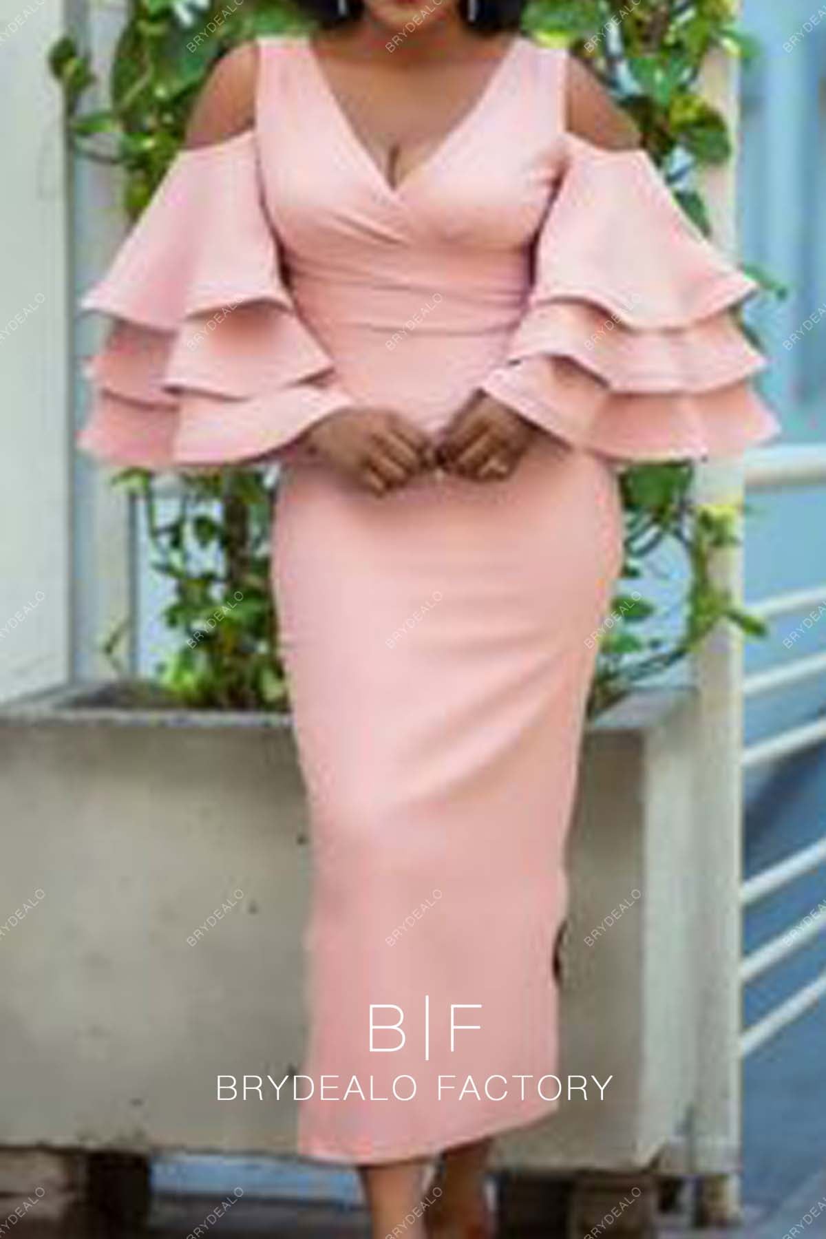 Dusty Rose Cold Shoulder Sheath Tea Length Bridesmaid Dress