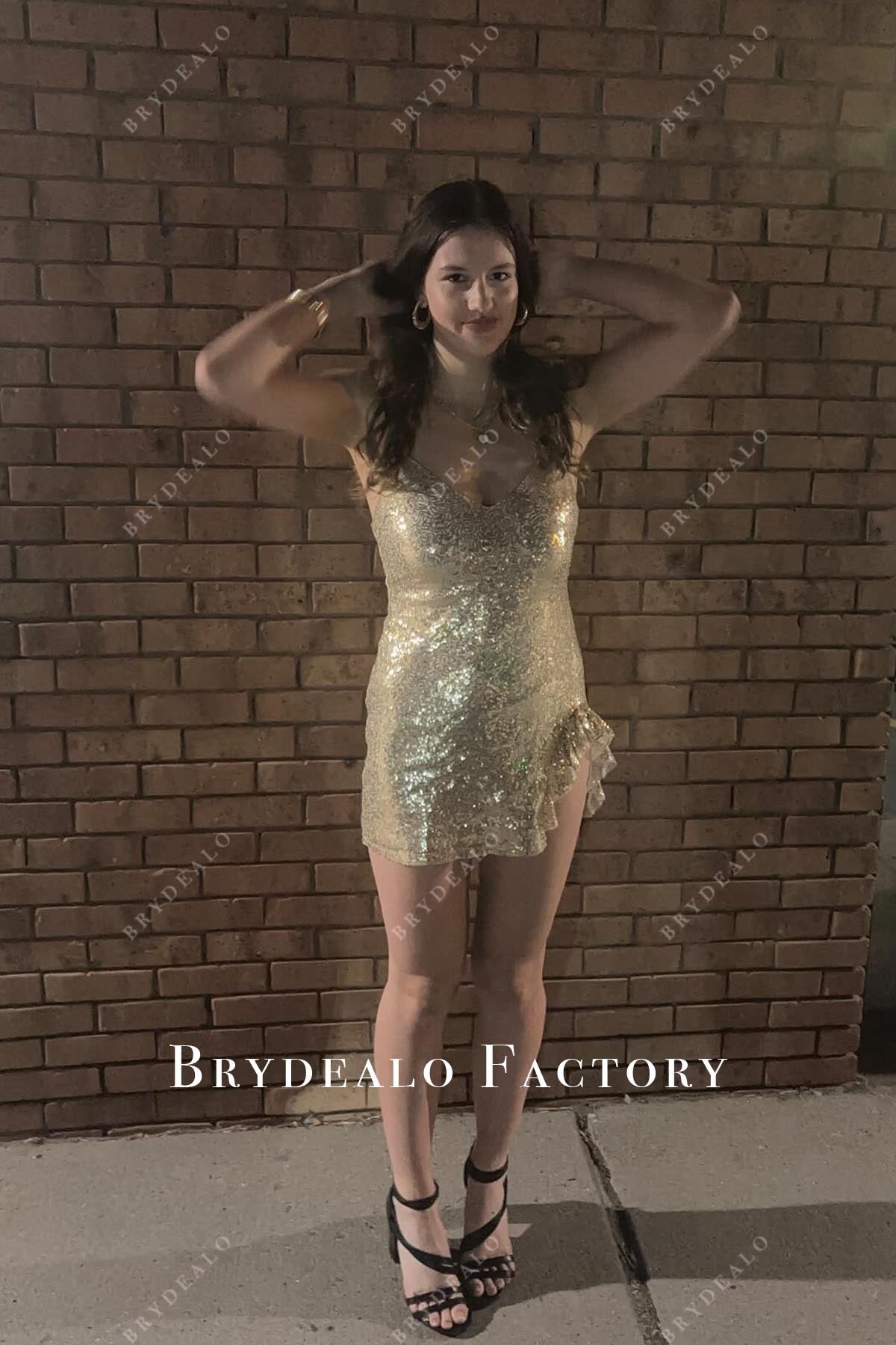 Sparkly Light Gold Thin Straps V-Neck Mini Prom Dress Sparkly Light Gold Thin Straps V-Neck Mini Prom Dress