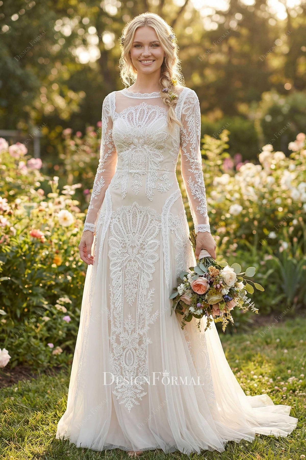 light champagne lace a line bridal dress