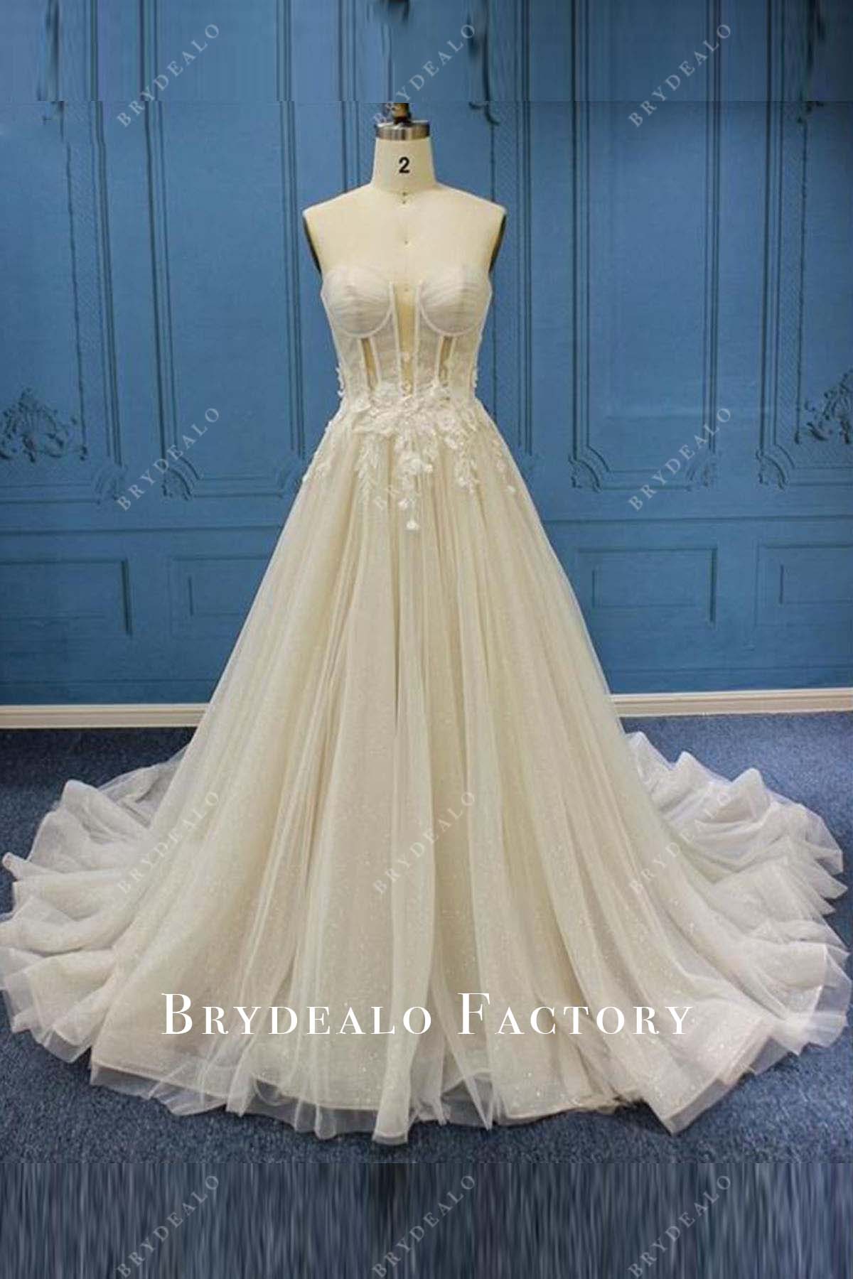 Light Champagne Strapless Lace Appliques Wedding Dress