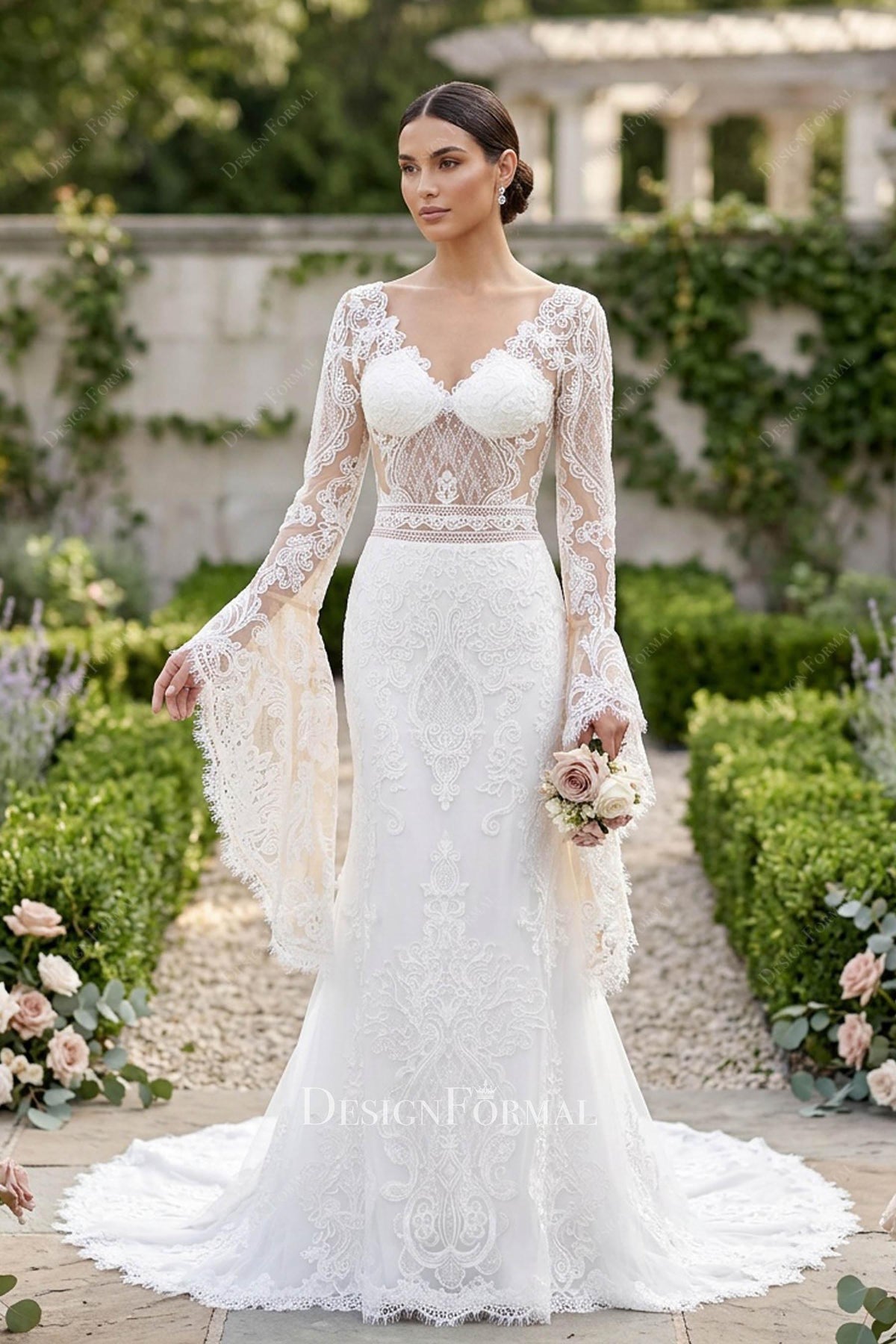 ivory mermaid wedding dress Boho Lace V-Neck Bell Sleeve Beach Atria Signature Colors:Orchid style_christmas handmade flowers Veronique | Brown Halter-Neck