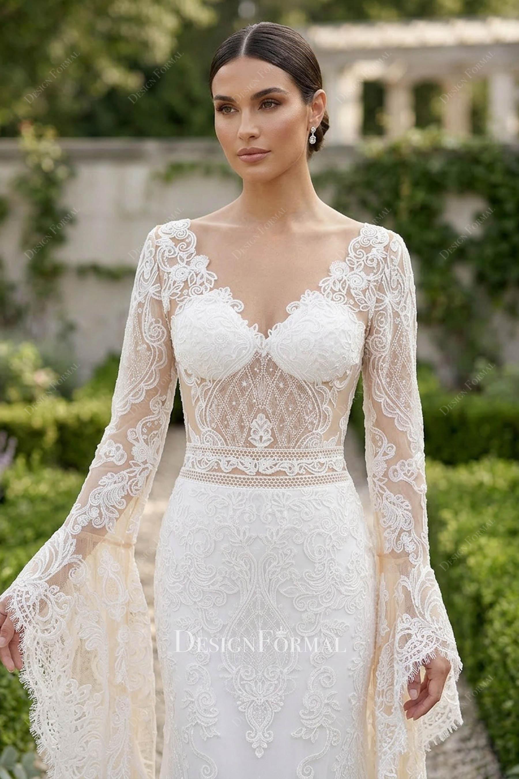 light ivory lace v neck bridal dress