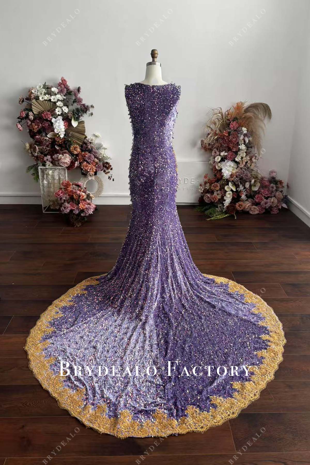 lilac crystals gold lace chapel train senior prom dress