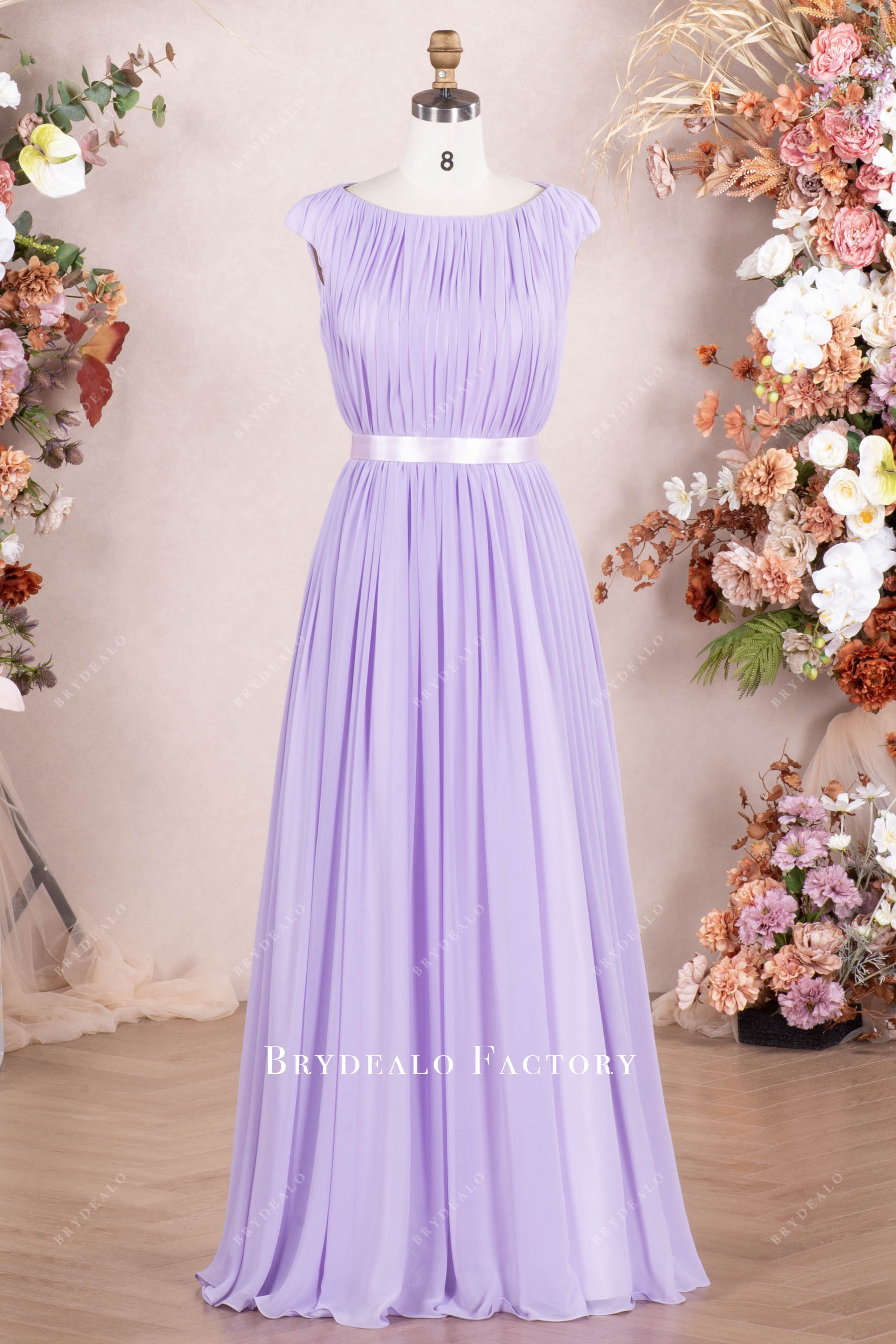 Lilac Cap Sleeve Pleated Chiffon Floor Length Bridesmaid Formal Dress