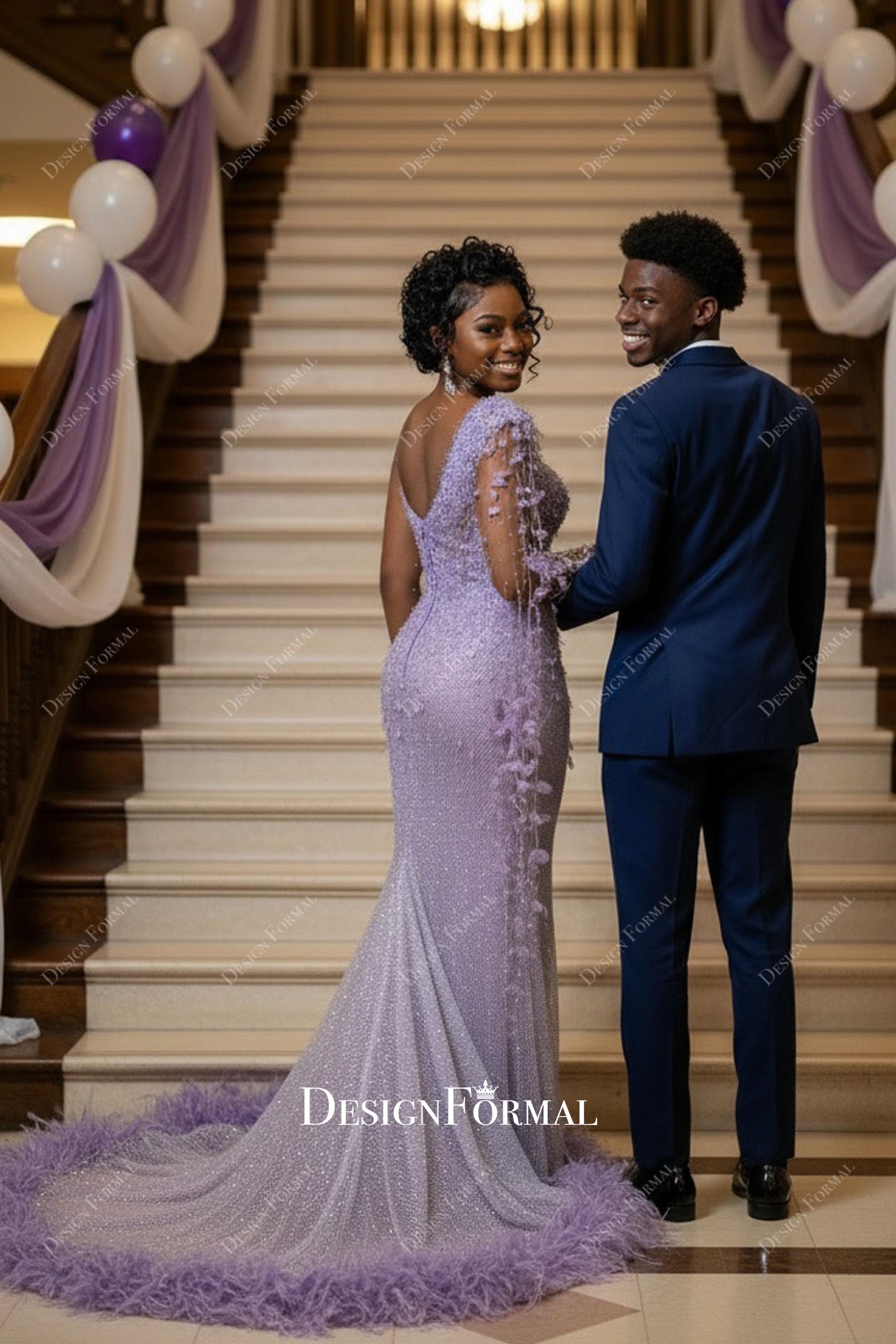 lilac godet V back long prom dress-21245