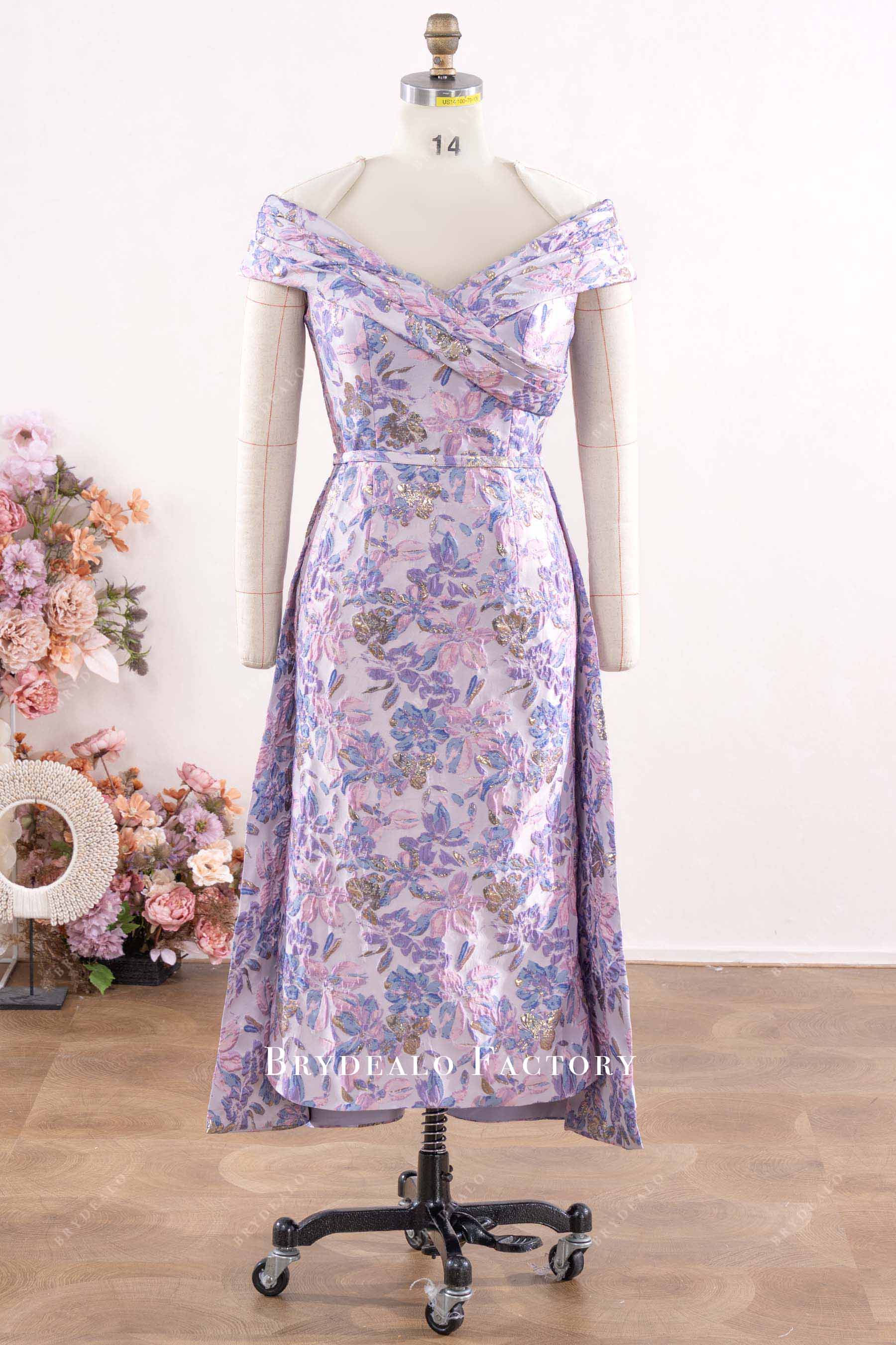 lilac jacquard v neck mother of bride dress