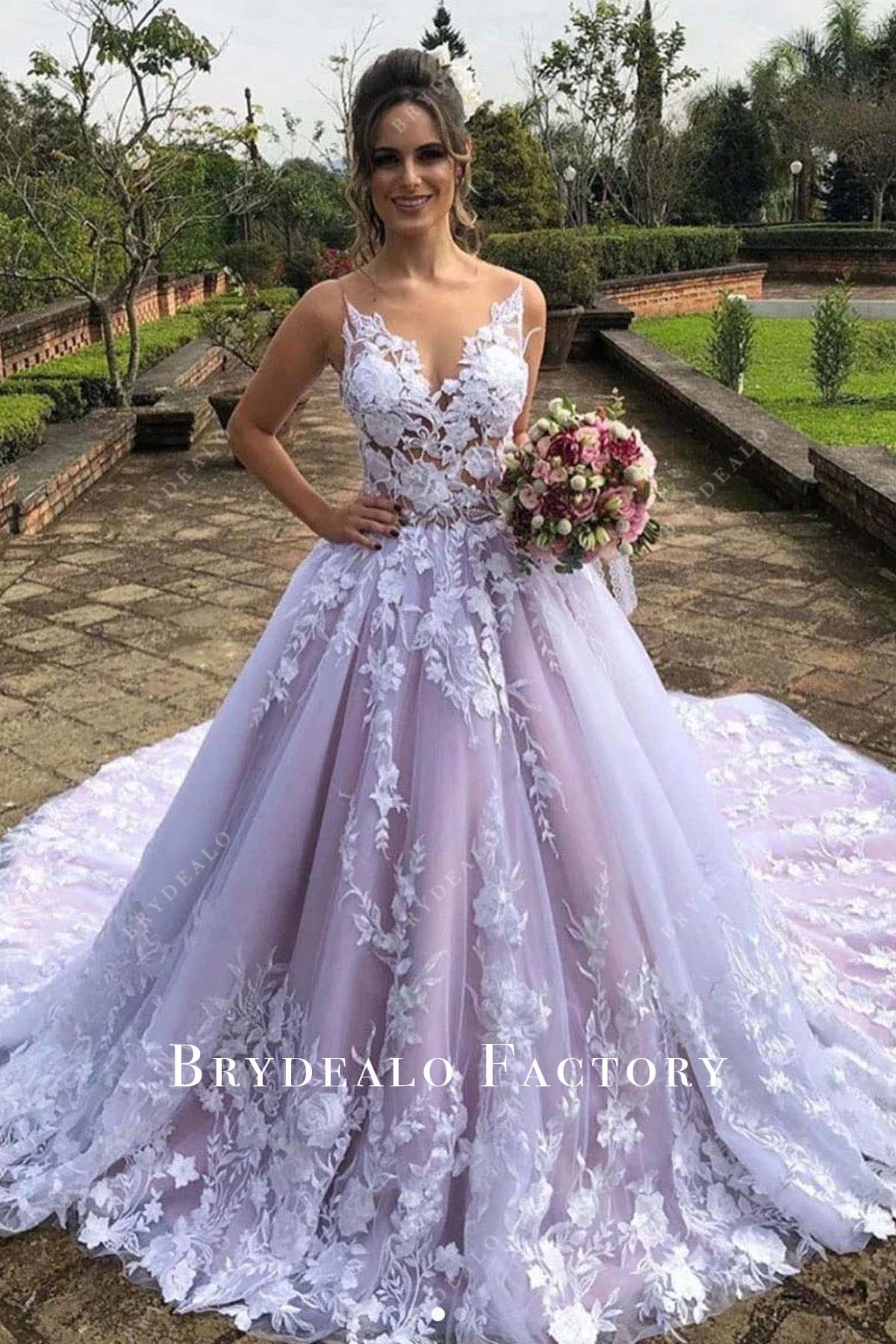 Lace Appliques Lilac Tulle Long Train Wedding Dress