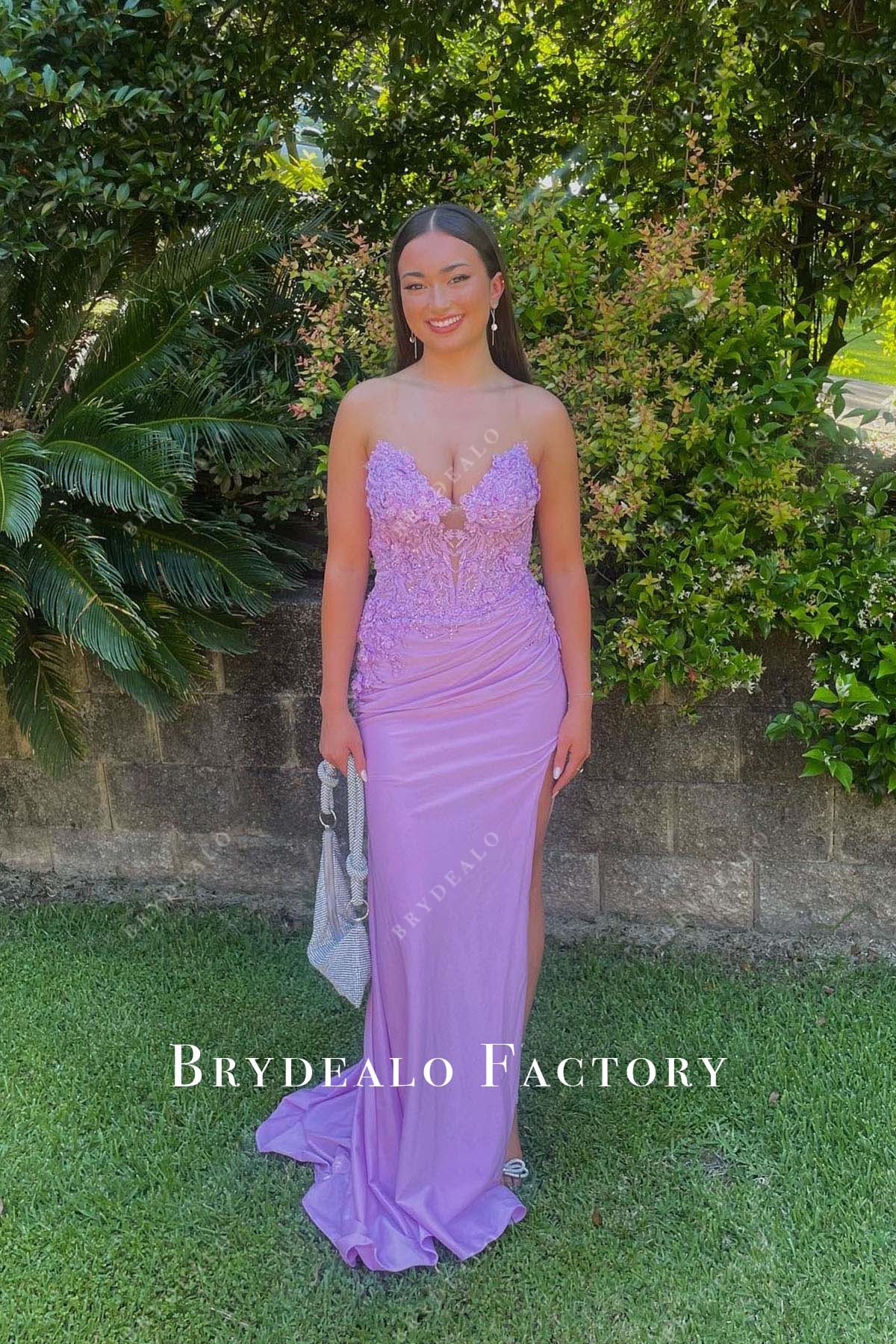Homecoming Dress | Beaded Lilac Lace Strapless Mermaid Slit Formal Gown Homecoming Dress | Beaded Lilac Lace Strapless Mermaid Slit Formal Gown