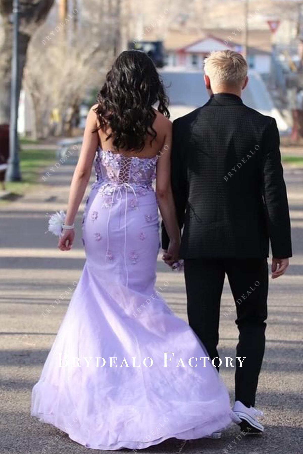 lilac lace up back prom dress