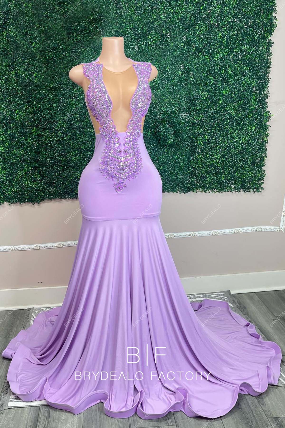 lilac rhinestones sleeveless mermaid prom dress