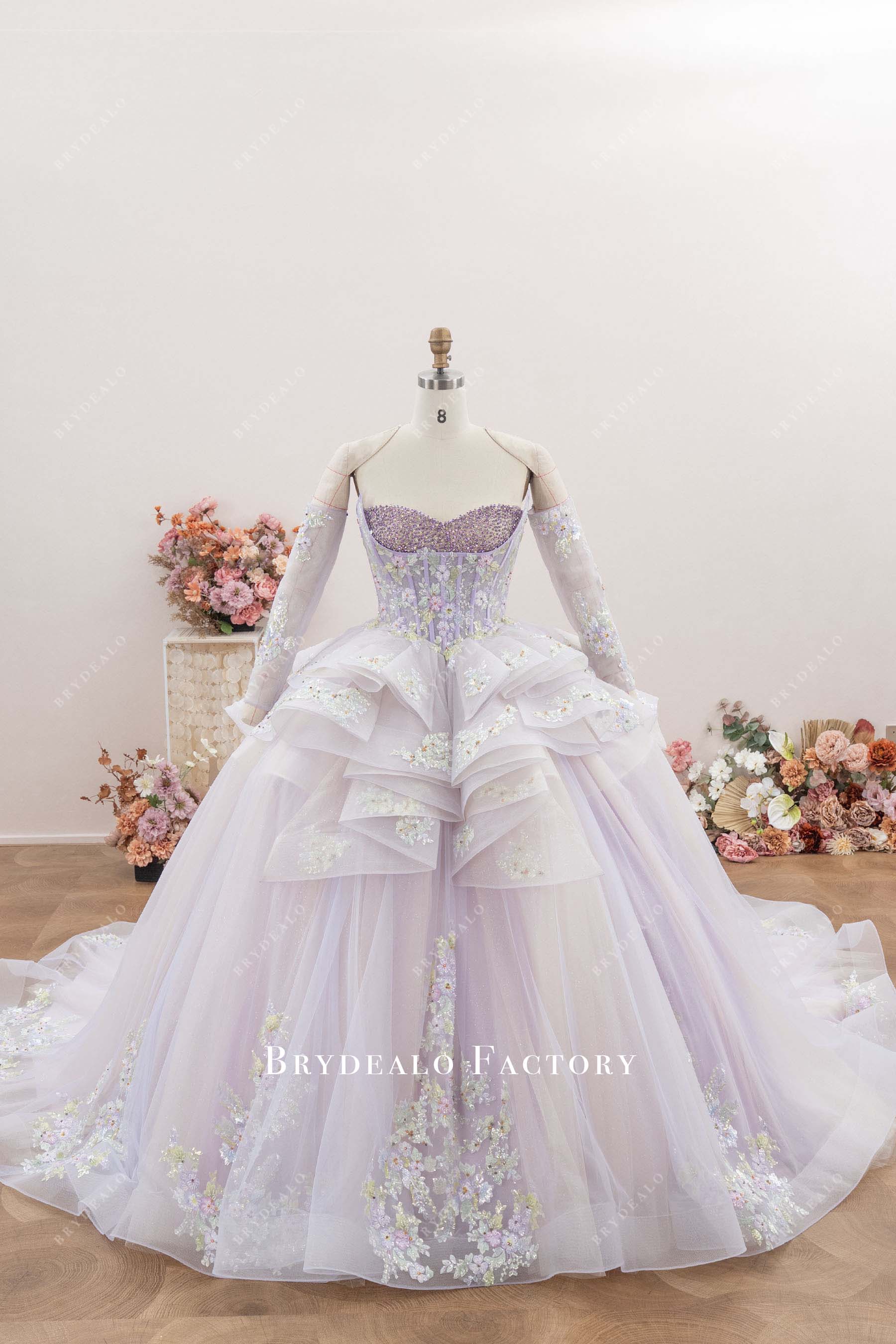 lilac off shoulder Quinceanera gown