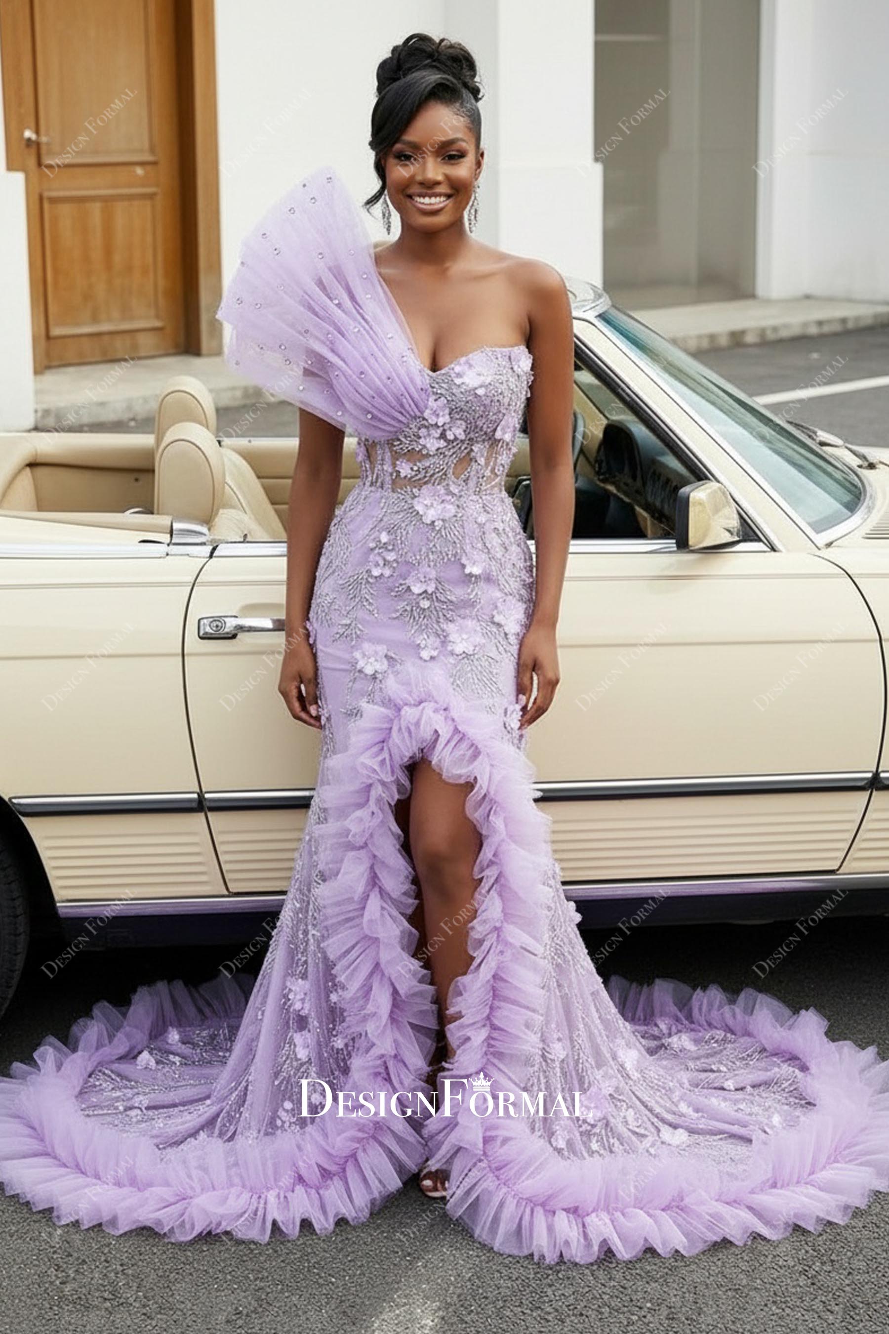 Lilac Rhinestone One Shoulder 3D Flower Slit Ruffle Mermaid Prom Dress