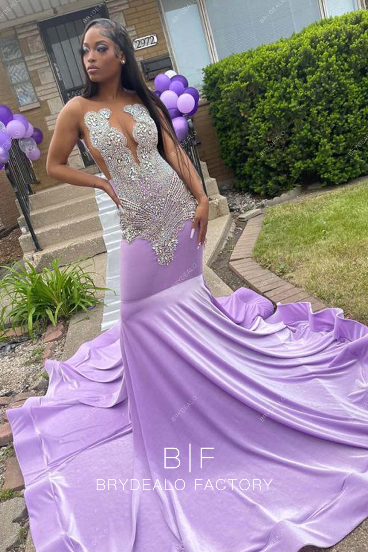 Luxury Rhinestones Lilac Jersey Mermaid Long Train Prom Dress Luxury Rhinestones Lilac Jersey Mermaid Long Train Prom Dress