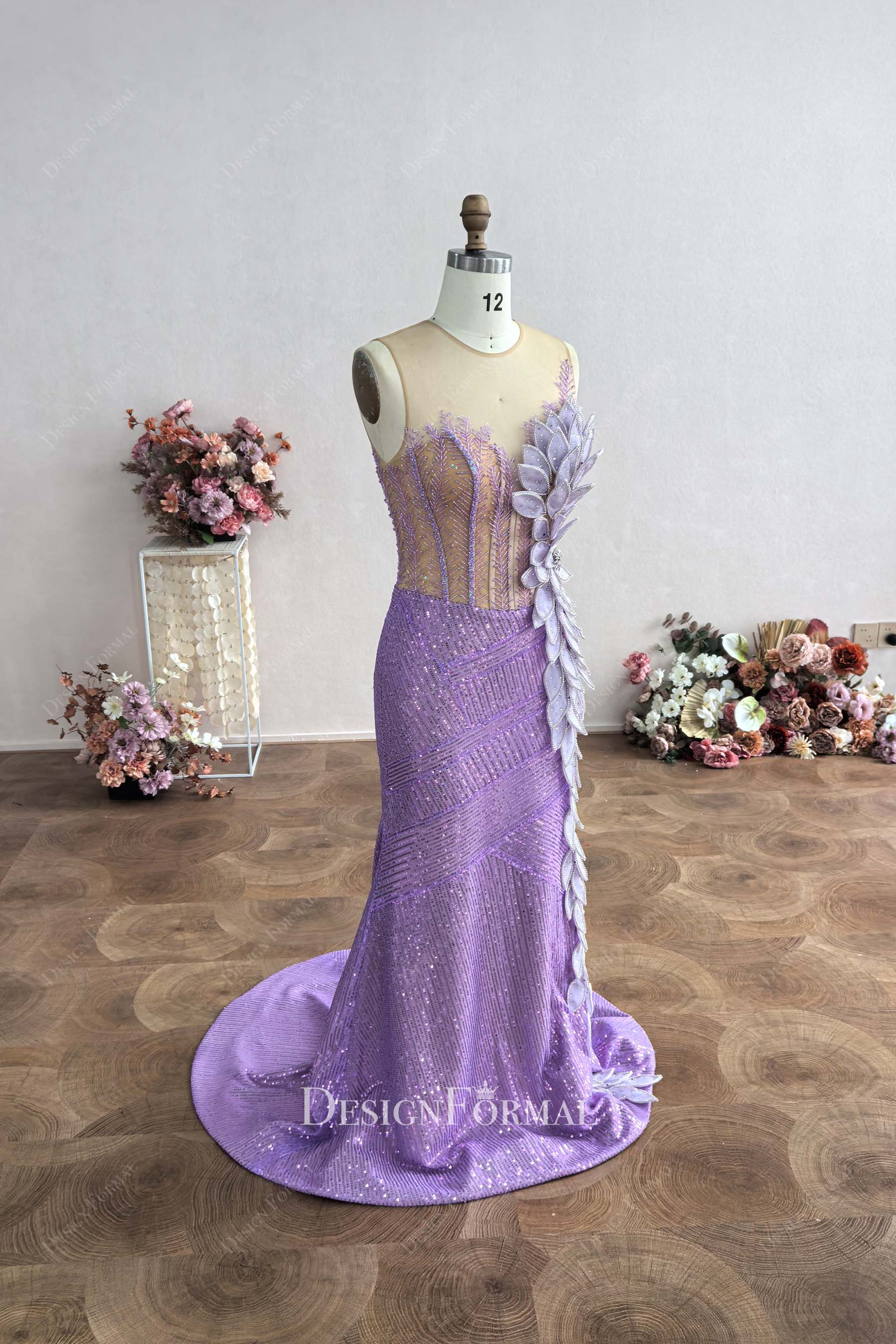 lilac sequin beaded 3D lea mermaid prom dress