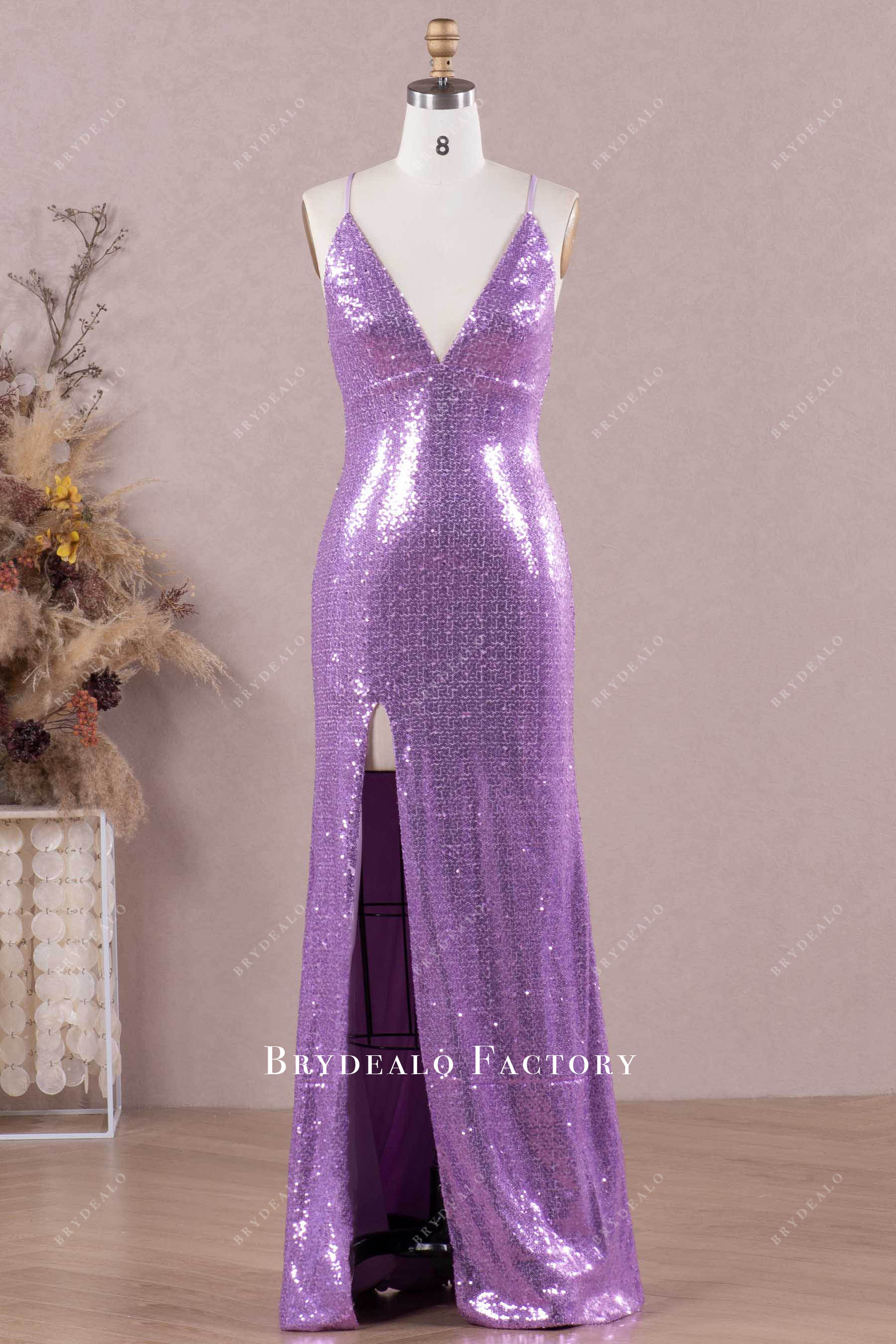 lilac sequined slit evening dress