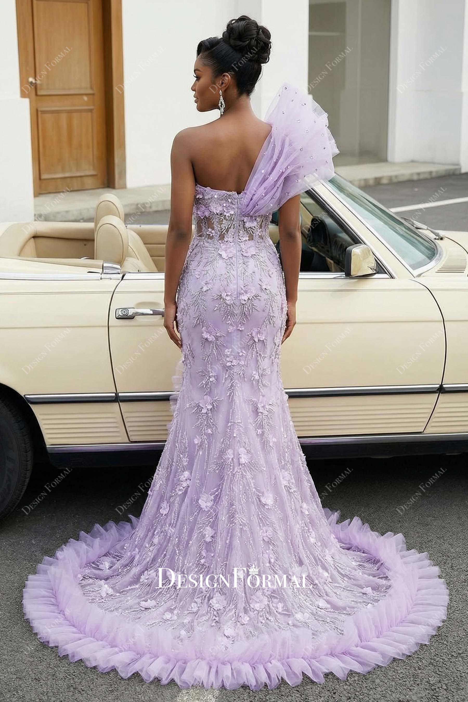 lilac shimmer fit and flare ruffled mermaid prom dress