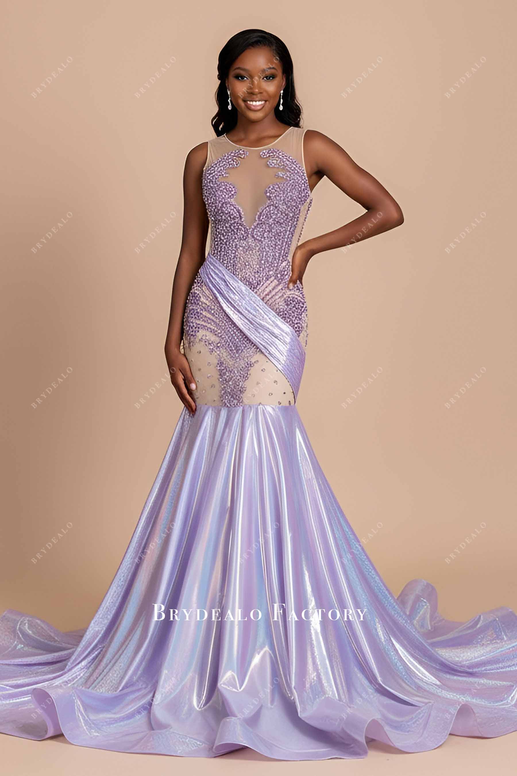 Sparkly Rhinestones Lilac Illusion Neck Trumpet Prom Dress Sparkly Rhinestones Lilac Illusion Neck Trumpet Prom Dress