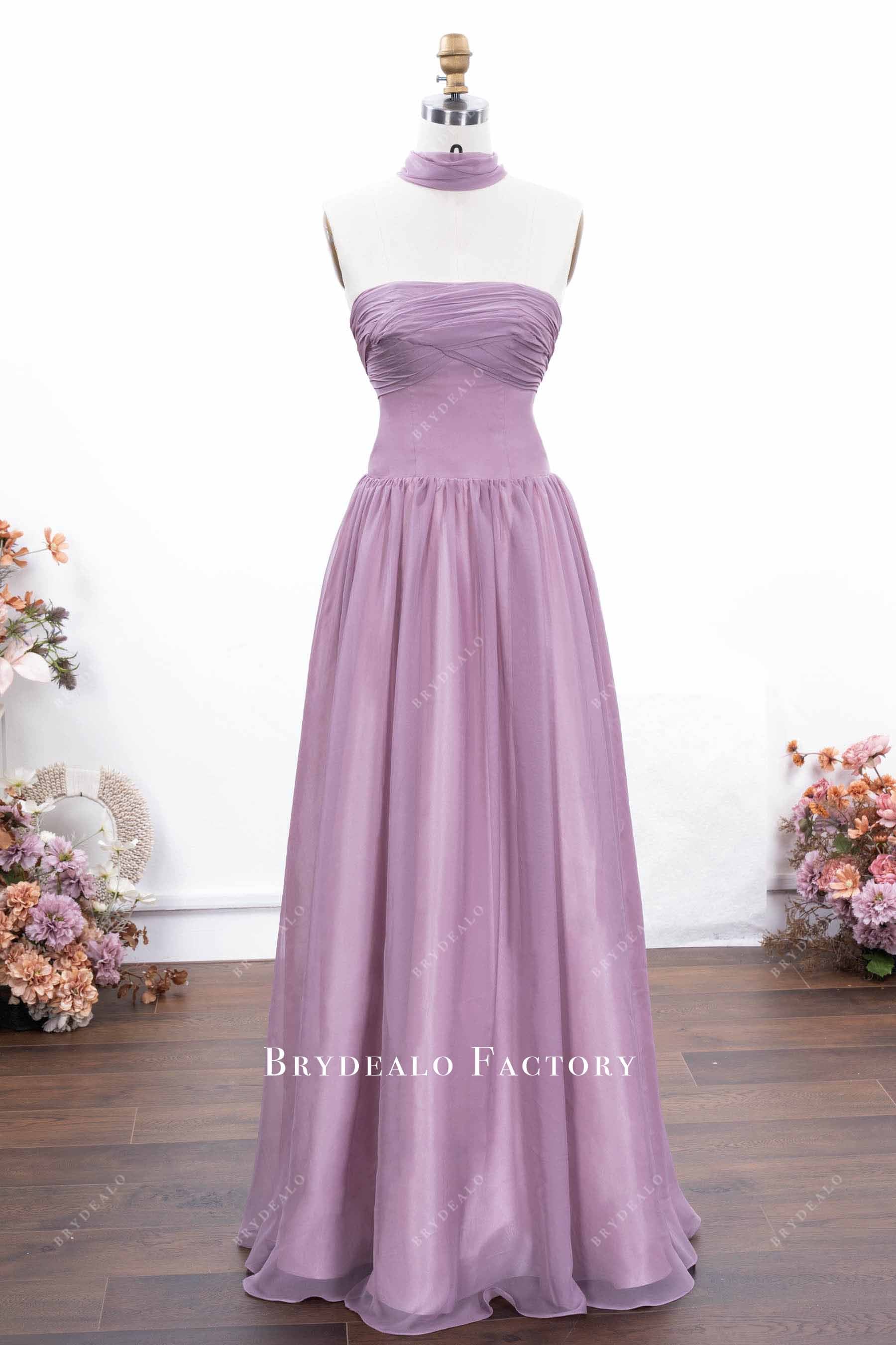 lilac strapless pleated formal dress