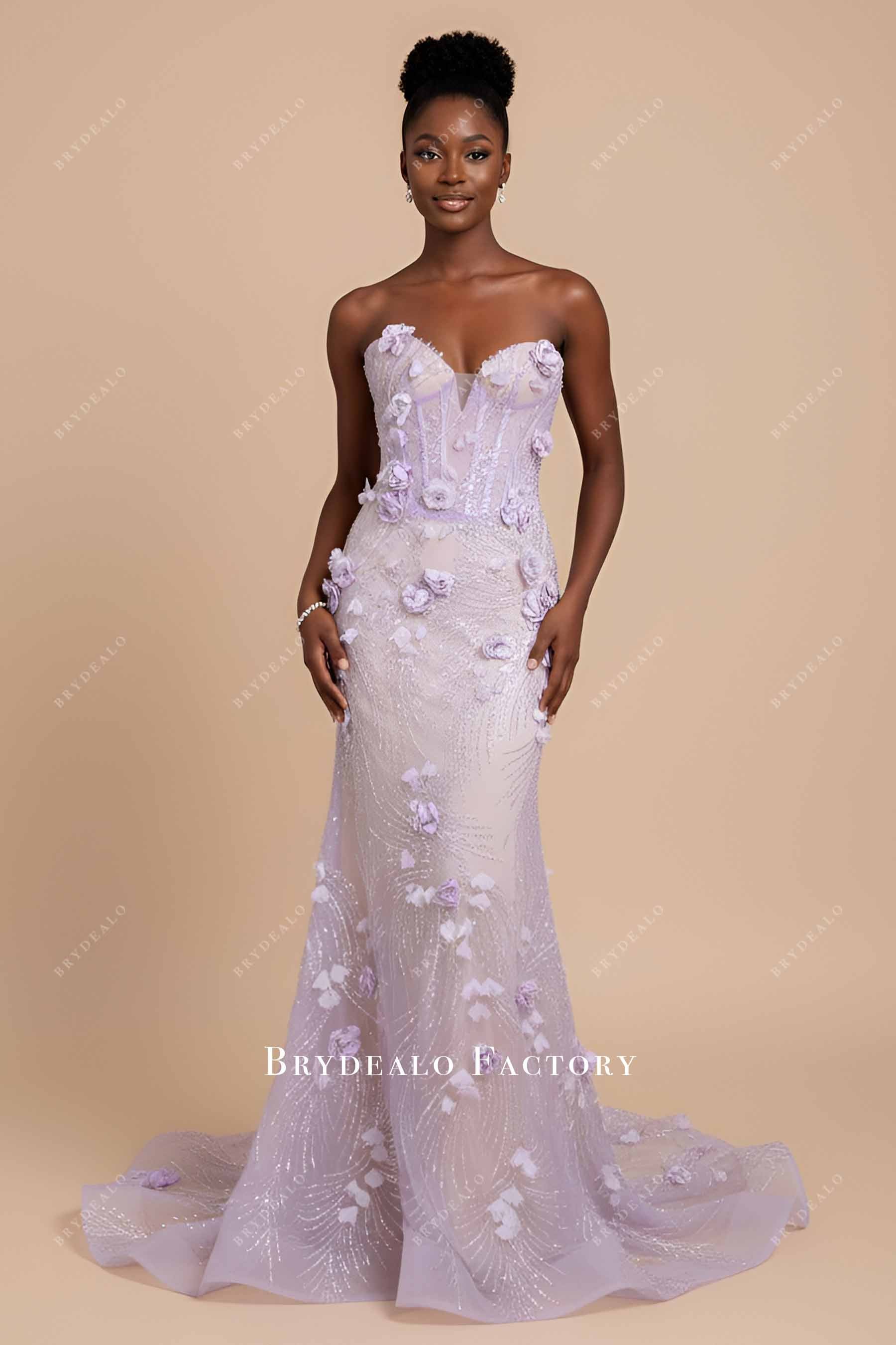 Lilac Beaded 3D Floral Lace Strapless Mermaid Prom Dress, Without Lining Lilac Beaded 3D Floral Lace Strapless Mermaid Prom Dress, Without Lining