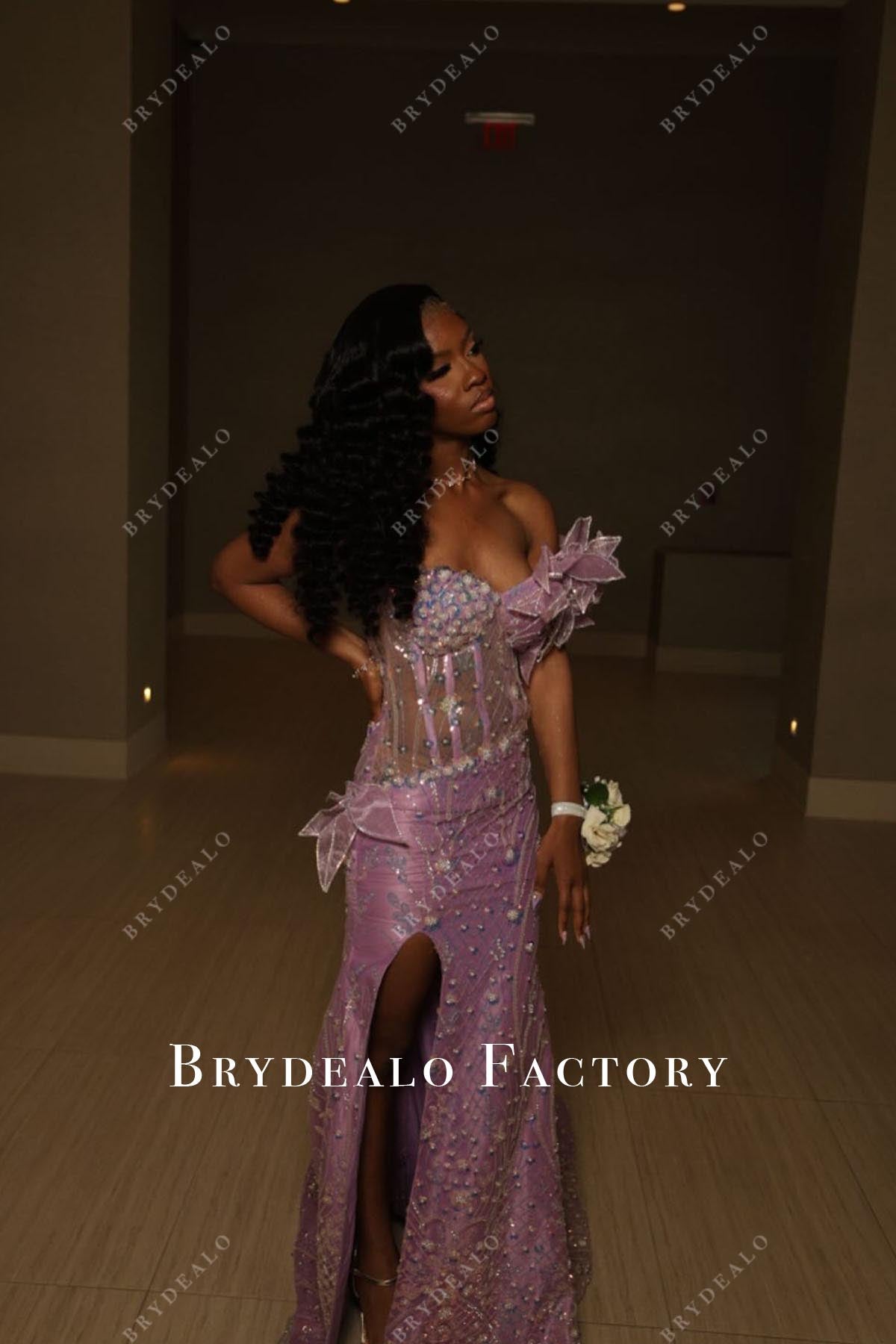 lilac thigh split prom dress